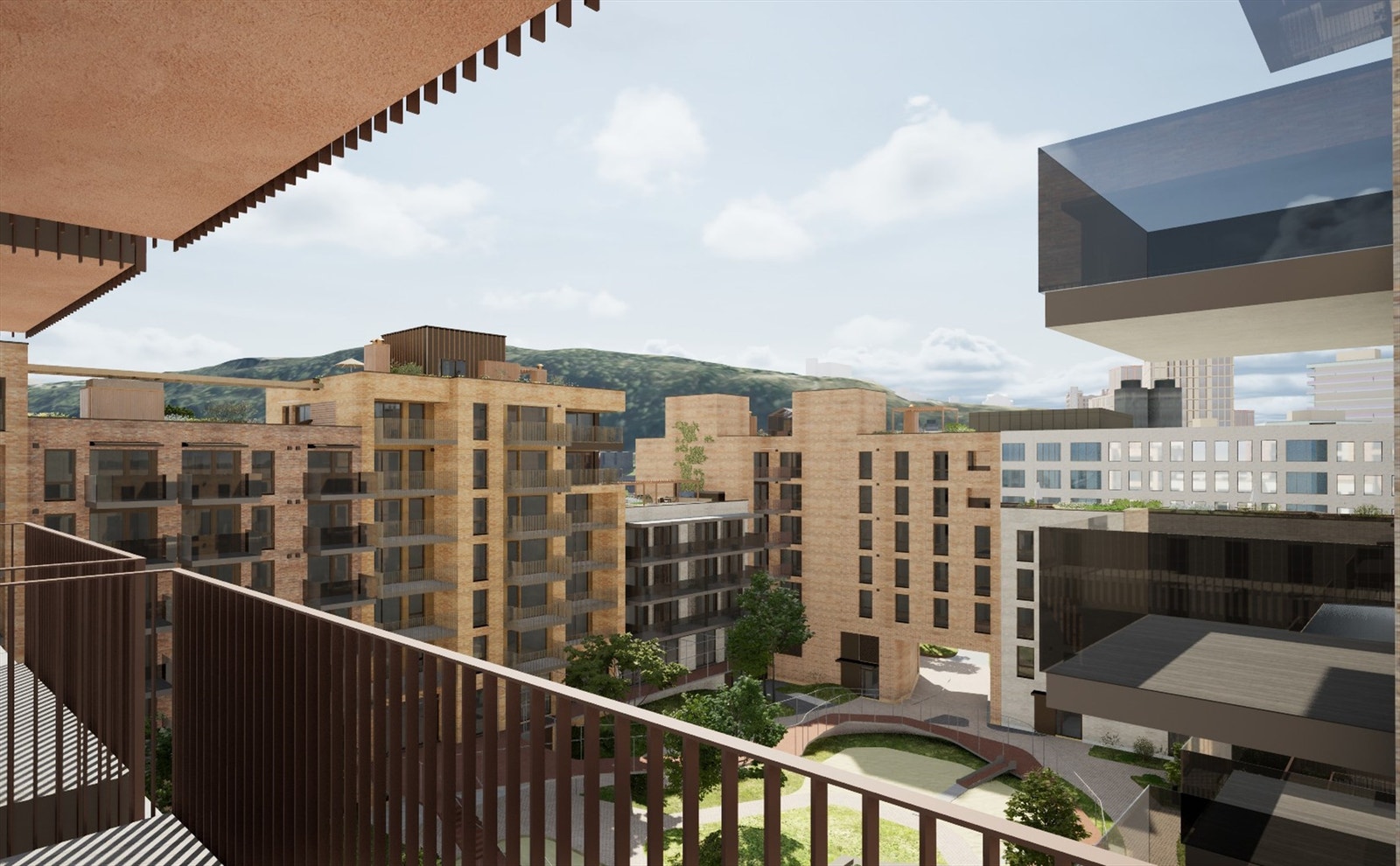 Illustrasjon | Sørvestvendt balkong på ca. 8,5 m² som er fordelaktig vendt inn mot den hyggelige byhagen. Det er sol på balkongen fra rundt kl. 10:30 til 16:00 midtsommers, ifølge prosjektets simulator. Avvik kan forekomme. Galleribilde