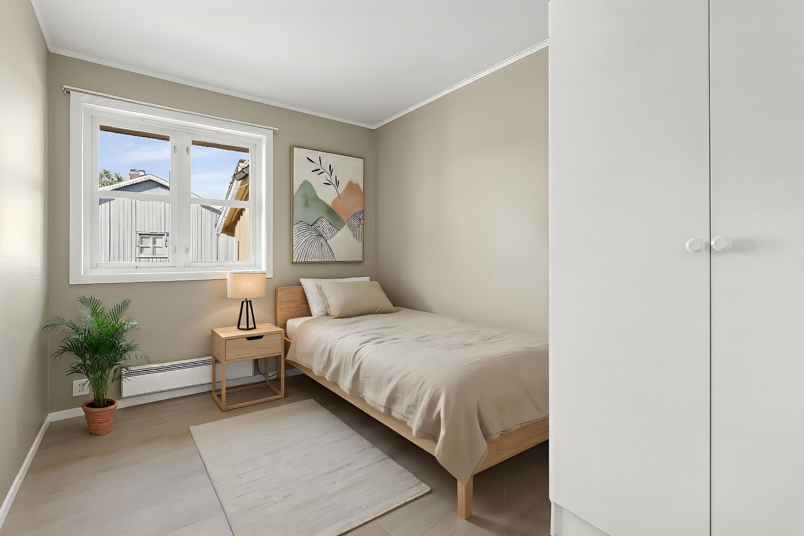 Soverom nr 2 er også i lune og moderne farger og med plass for ekstra seng. (Bilde er AI-generert og avvik kan forekomme) Galleribilde