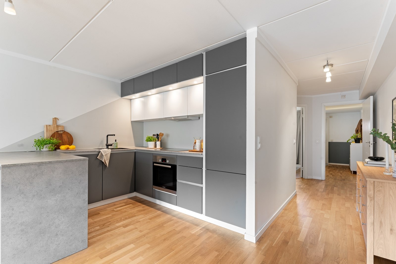 Innredning har slette fronter, laminat benkeplate med planlimt kum i kompositt, ventilator og integrerte hvitevarer. Galleribilde