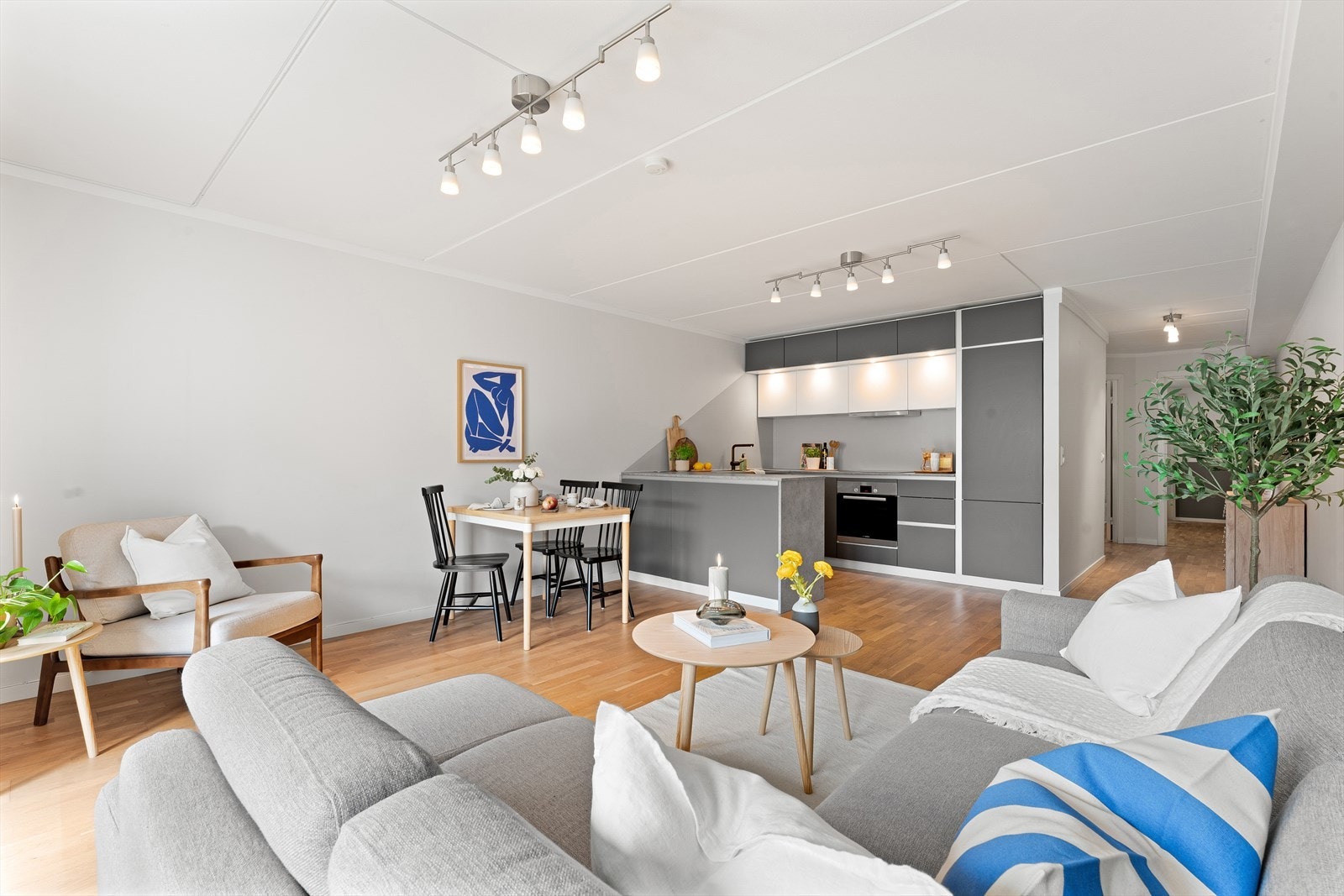 Åpent kjøkken mot stue, adskilt med en praktisk og sosial kjøkkenhalvøy. Galleribilde