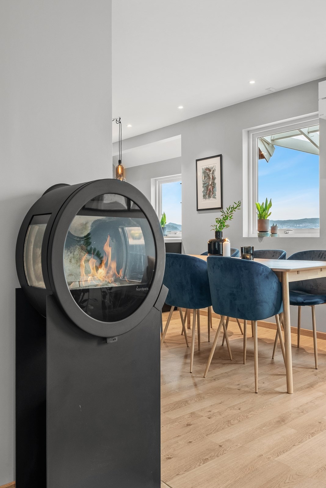 Boligen varmes praktisk opp ved hjelp av elektrisitet, varmepumpe og vedfyring. Galleribilde