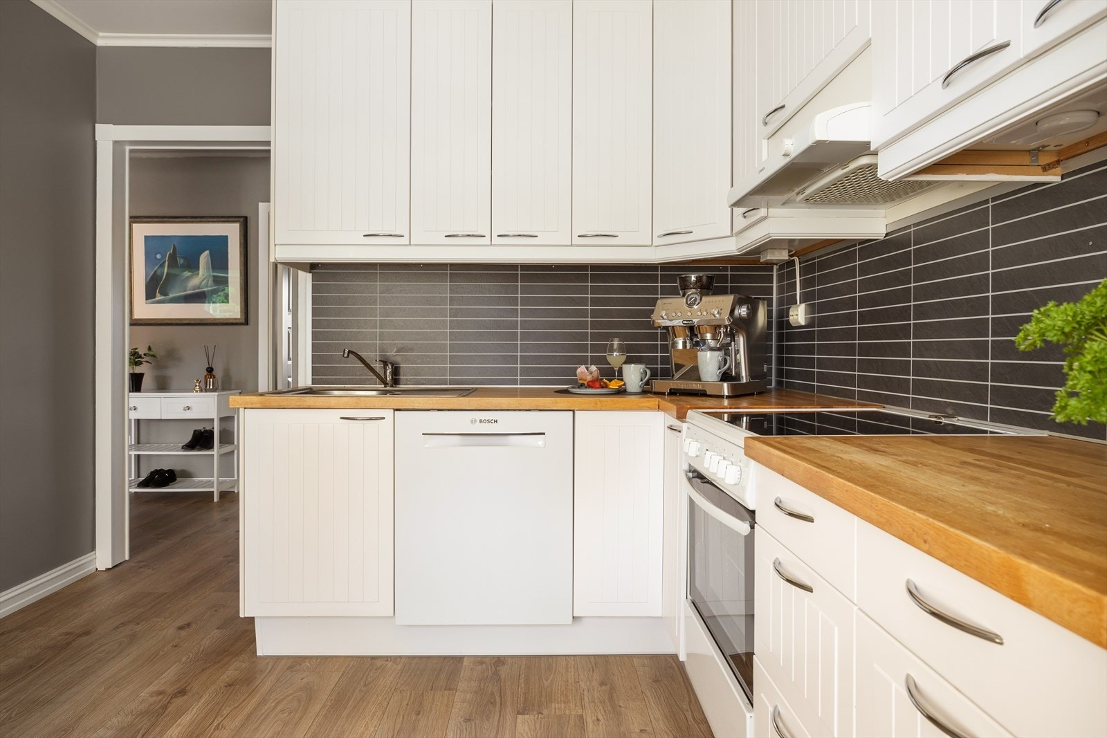 Det er ventilator med avtrekk gjennom yttervegg og opplegg for oppvaskmaskin. Galleribilde