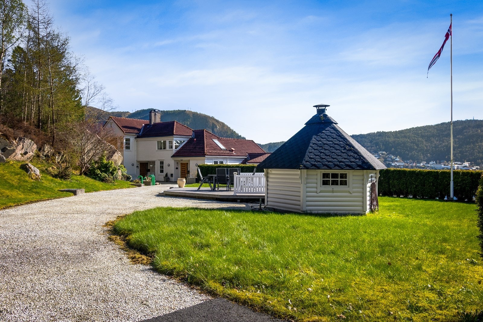 På øverste del av tomten (over garasjeanlegget) er det opparbeidet et flatt og herlig areal med plen, beplantning, sittegrupper og grillhytte. Et flott sosialt samlingssted hvor man kan nye varme sommer dager. Galleribilde