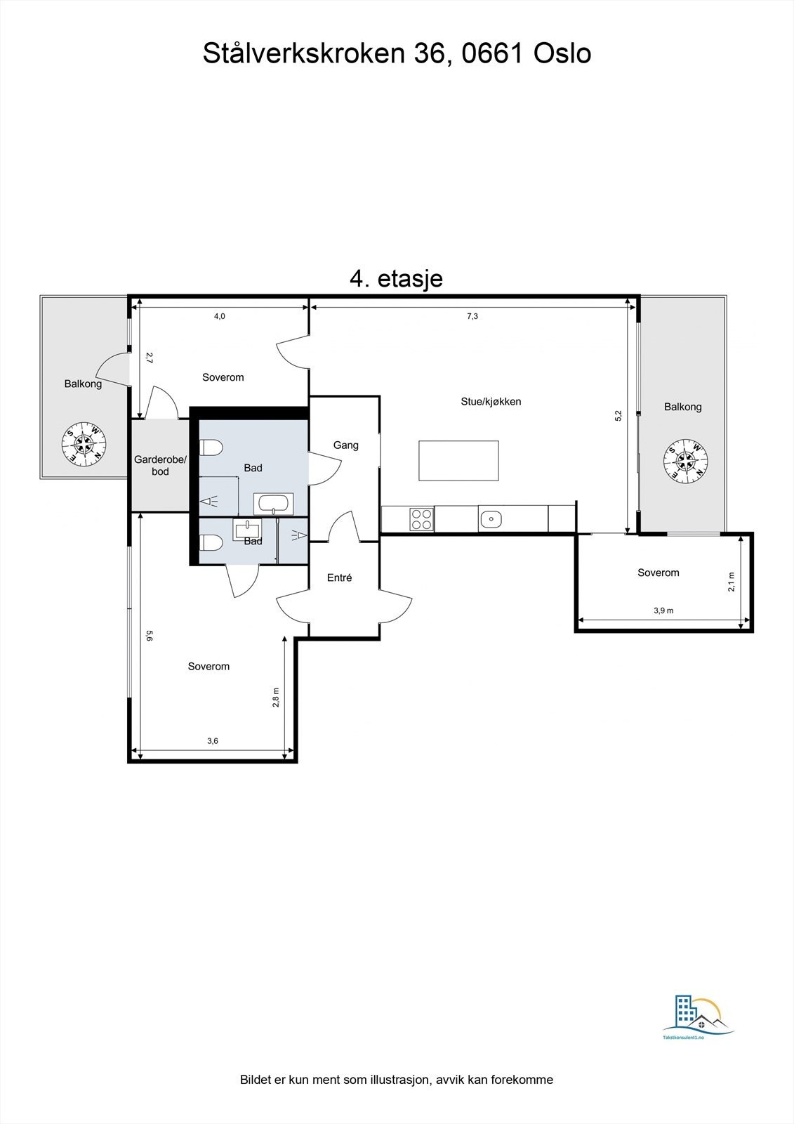 Leiligheten på 96 m² har en effektiv planløsning med tre soverom, to bad og en sosial sone med åpen stue og kjøkken. Galleribilde