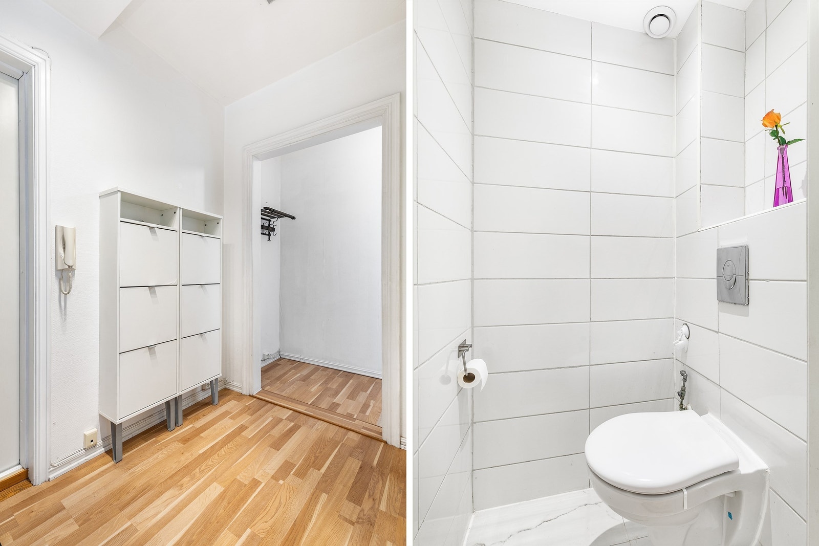 Toalettrommet er tilknyttet entreen og i senere år flislagt samt oppgradert med nytt klosett på innbygget sisterne. Galleribilde