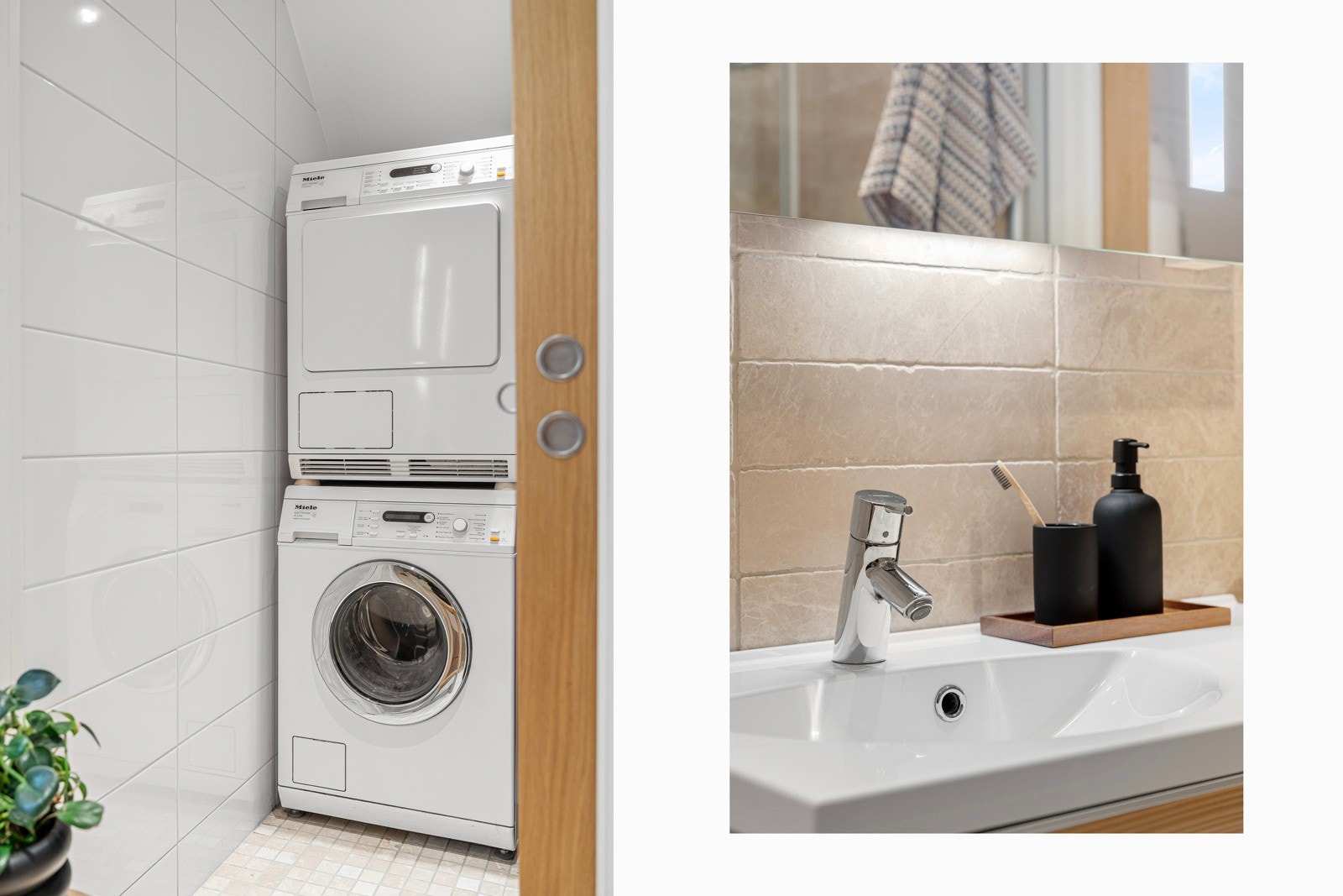 Separat vaskerom innenfor badet. Godt med oppbevaringsplass for husholdningsartikler.