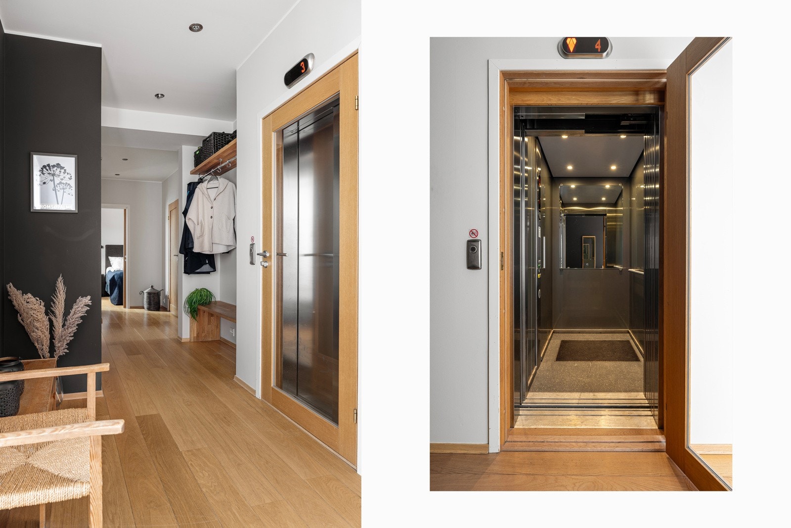 Velkommen inn! Adkomst via "privat" heis som man kan ta rett inn i leiligheten. Samtlige innedører og plassbygd garderobeløsning med benk i solid heltre eik. Et svært innbydende element i leiligheten.