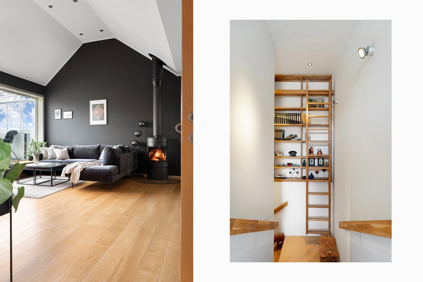 Et nydelig hjem hvor gjennomtenkte løsninger og høy kvalitet på innredninger og materialvalg har vært i fokus. Legg merke til den snekkerbygde hylleinnredningen i trapperommet.