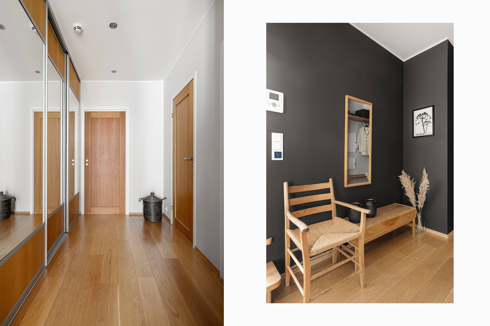 Stor skyvedørsgarderobe i gang. 1-stavs eikeparkett på samtlige gulv, foruten om bad.