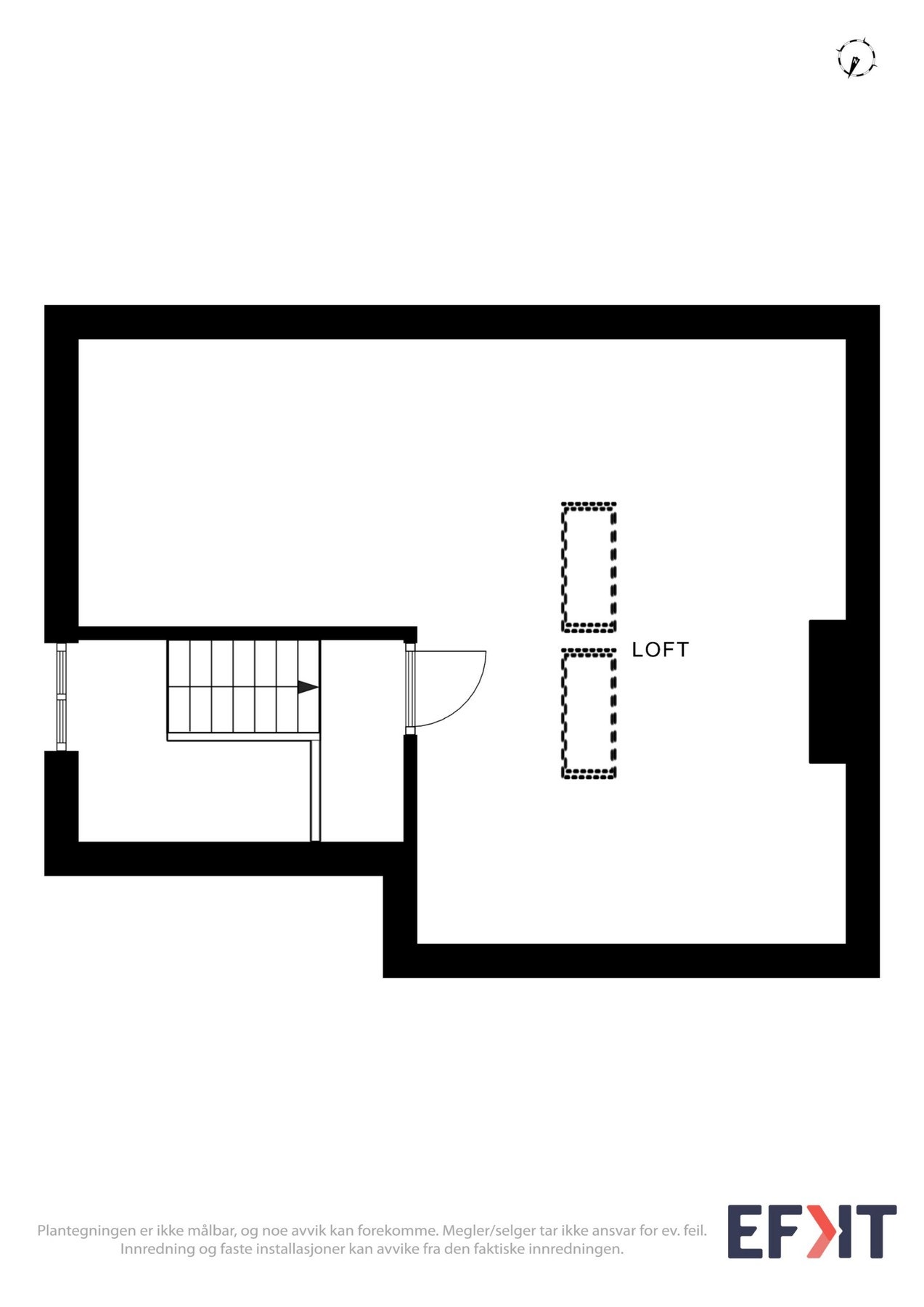Planskisse loft, her er det mye areal på gulv, men det er kun areal langs midten som er med i arealmålingen. Galleribilde