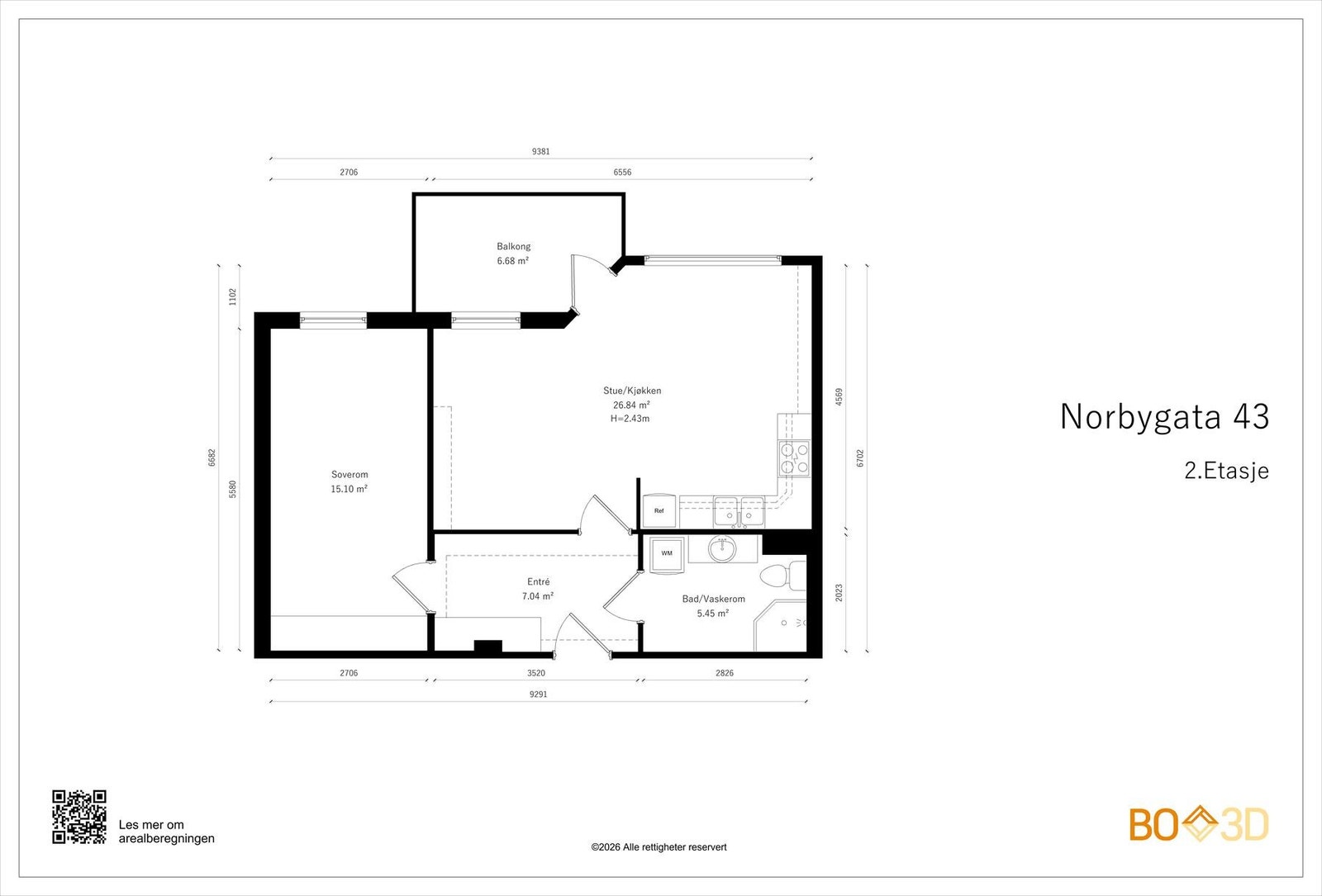 Planskisse 3.etg: BRA-i: 56 kvm: Entré, kjøkken/stue, soverom og baderom. Kjellerbod på 3 kvm. Galleribilde