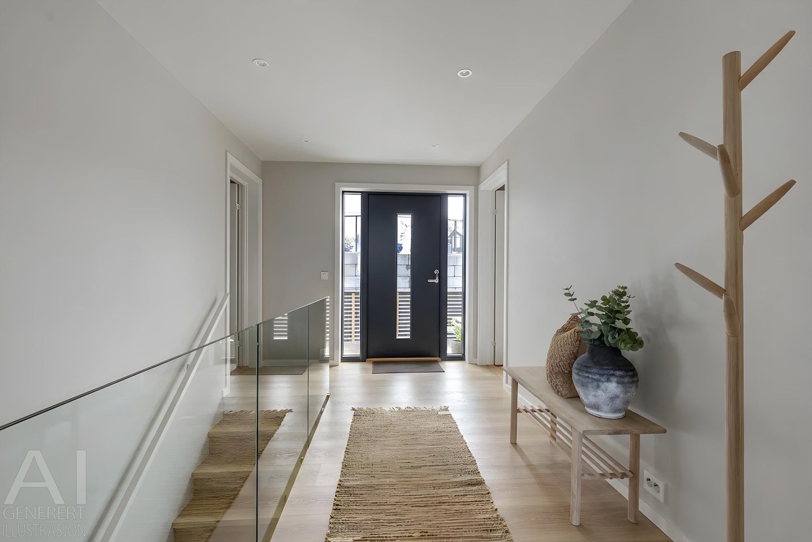 Romslig gang med påkostet glassrekkverk og trapp i eik - i trappen er det led lys som opplyser hvert enkelt trinn - en eksklusiv detalj Galleribilde