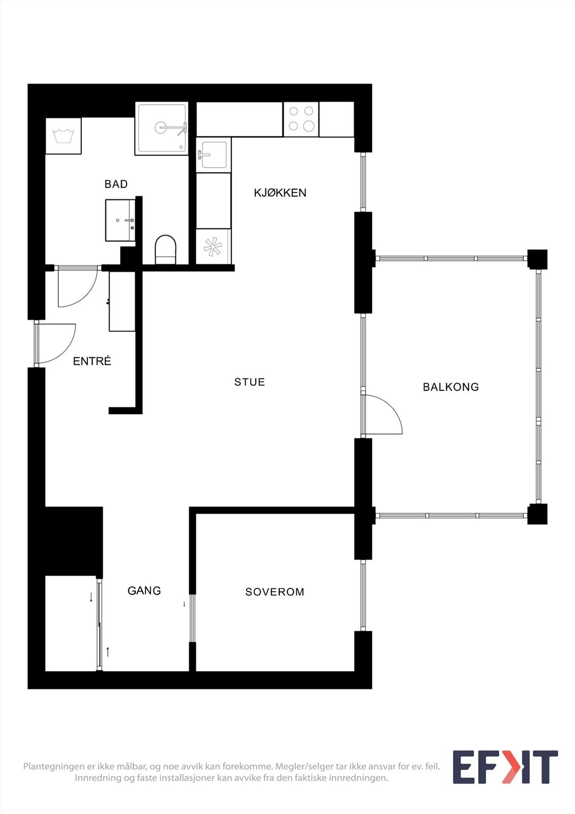 Leiligheten har en arealeffektiv planløsning på 49 m² som omfatter entré, gang, stue, kjøkken, bad og ett soverom. Galleribilde