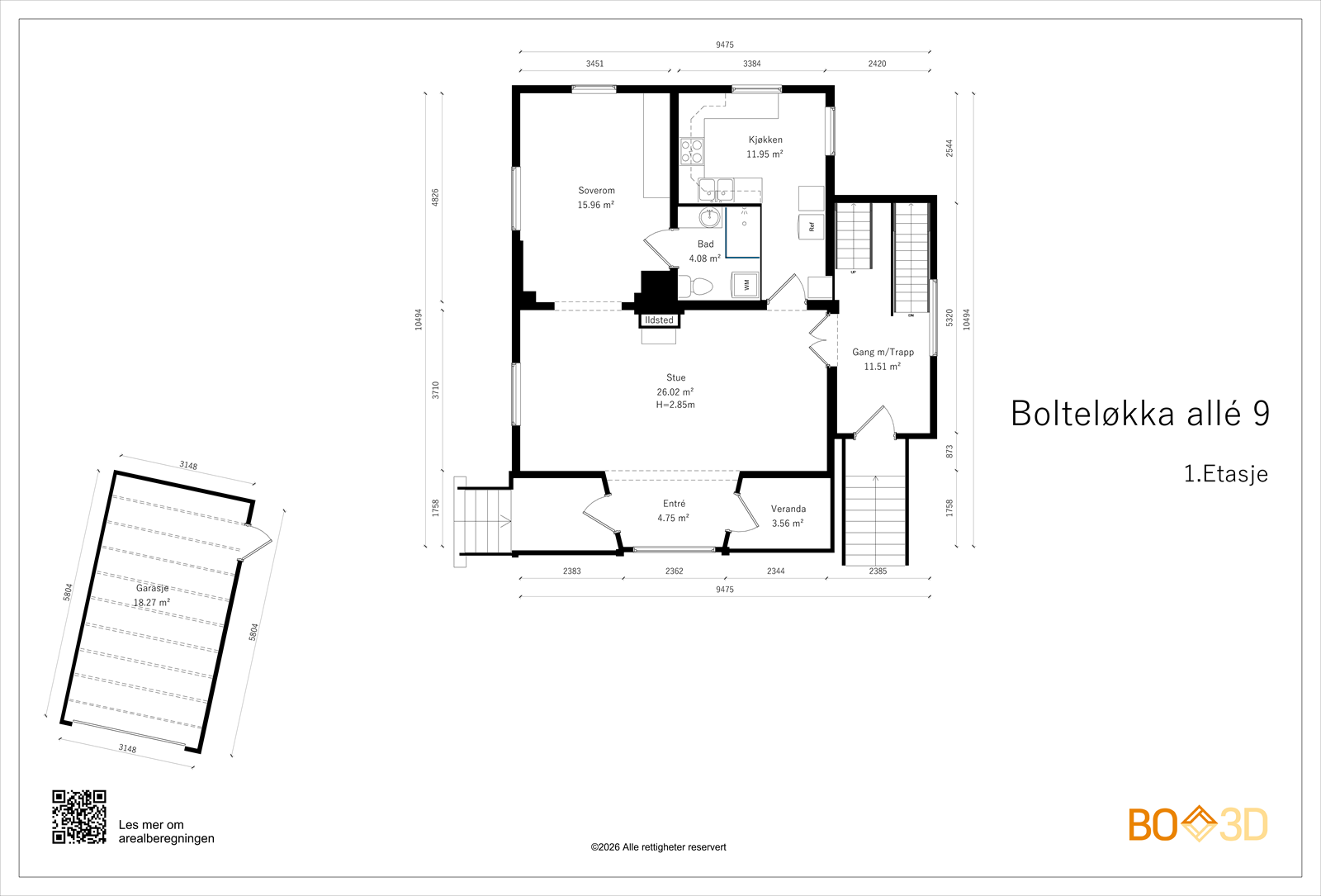Første etasje inneholder stue med utgang til veranda, kjøkken, soverom, bad og entré. Galleribilde