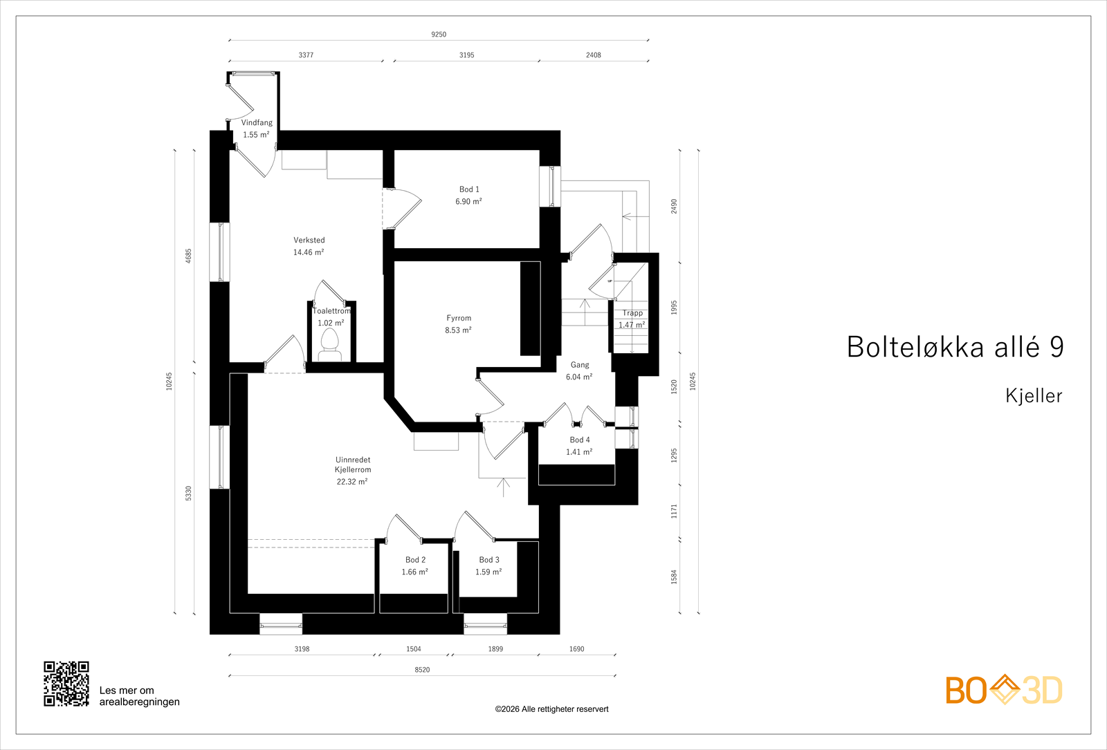 Kjelleren består av uinnredet rom, boder, fyrrom, samt et toalettrom. Galleribilde
