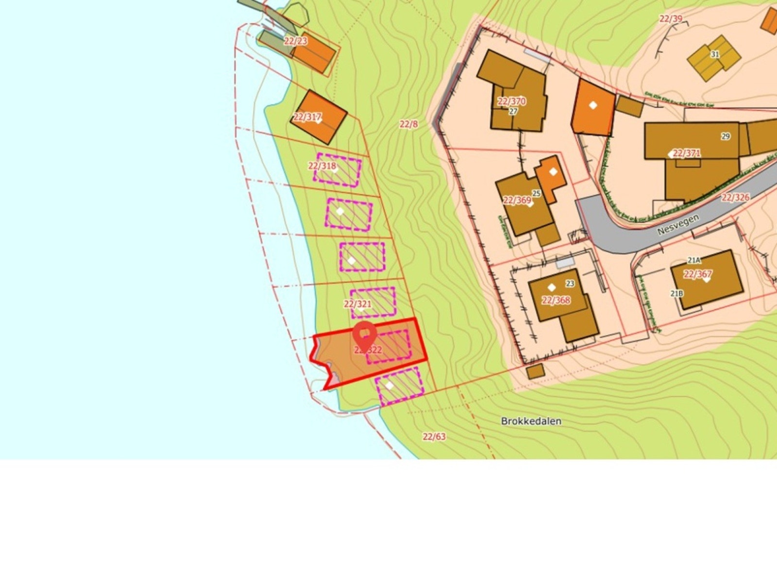 Situasjonsplan, tomtene har bruksnummer 319, 320, 321, 322 Galleribilde