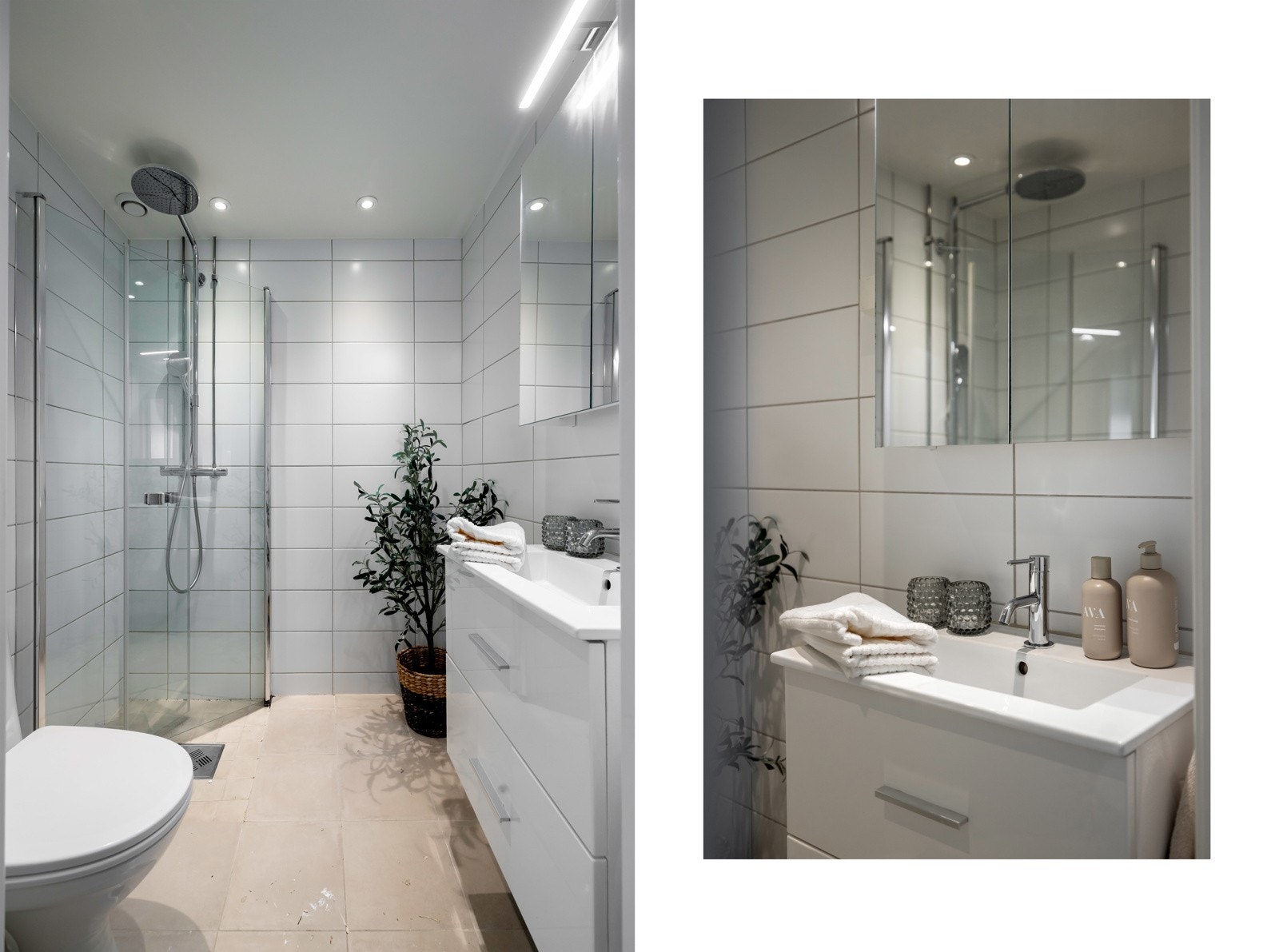 Badet er flislagt med beige fliser på gulv og hvite fliser på veggene, gulvet har varmekabler som gir god komfort - Videre har badet opplegg for vaskemaskin Galleribilde