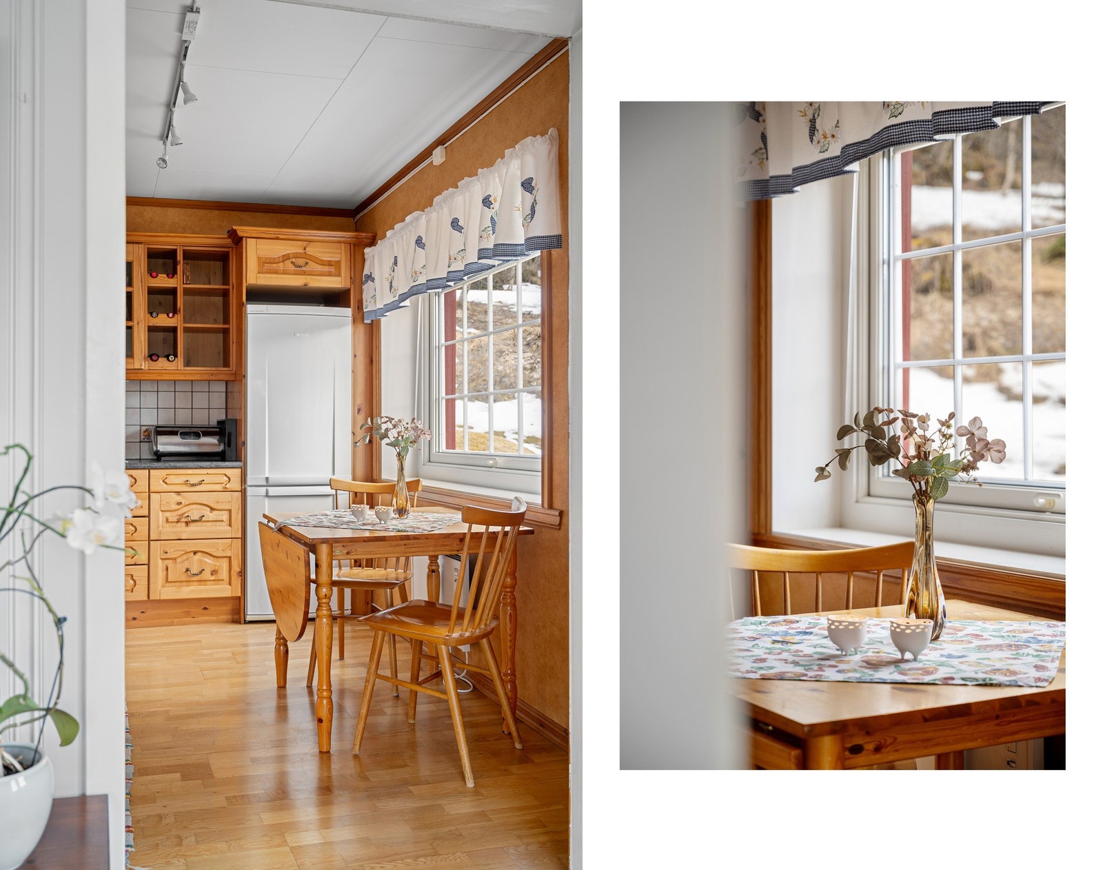 Hyggelig spiseplass med bord og stoler på kjøkkenet, perfekt for de små måltidene Galleribilde