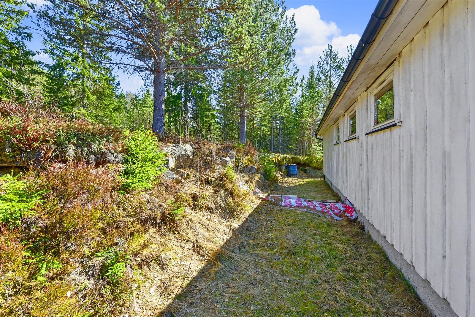 Tomten er en naturtomt som er enkel å vedlikeholde, omkranset av skog. Galleribilde