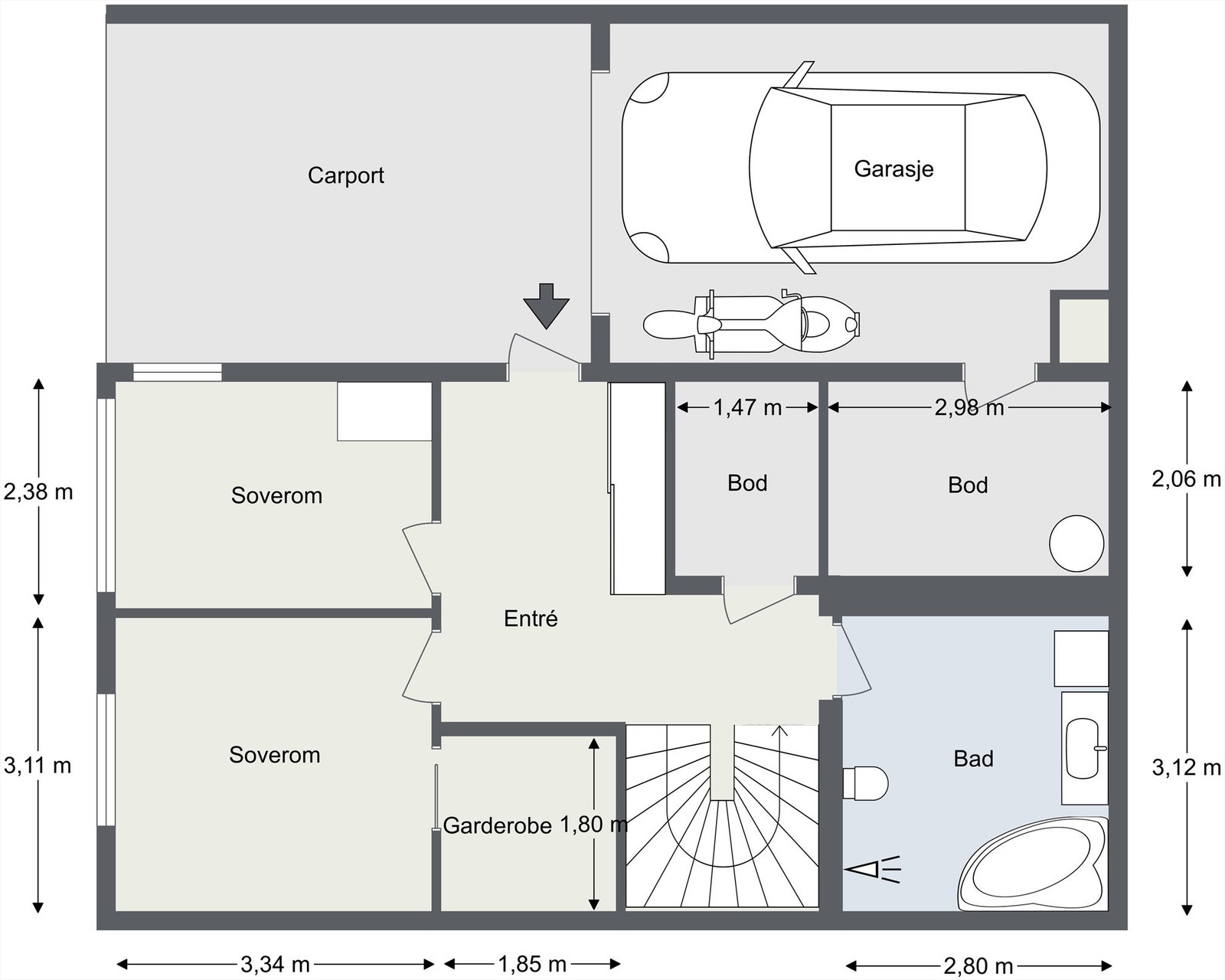 Førsteetasjen er praktisk innredet med entré, to soverom, bad, bod, garderobe og direkte tilgang til carport og garasje Galleribilde