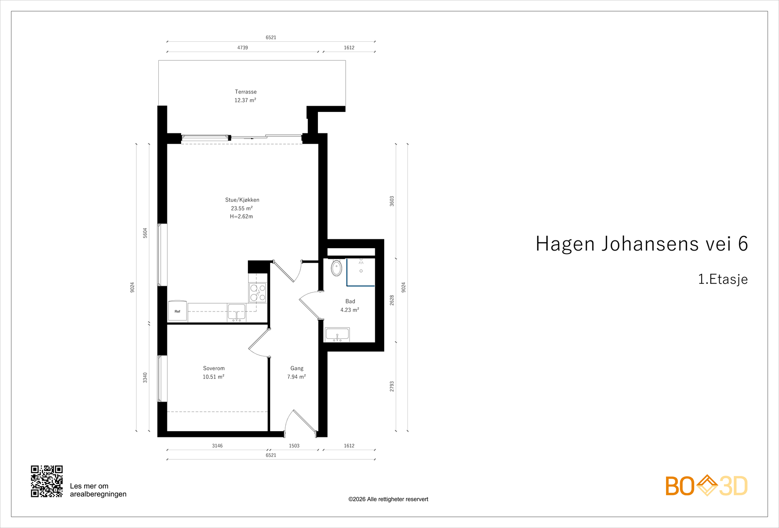 Leiligheten har en effektiv planløsning på 49 m² som utnytter arealet godt, med en åpen sone for stue og kjøkken og et separat soverom. Galleribilde