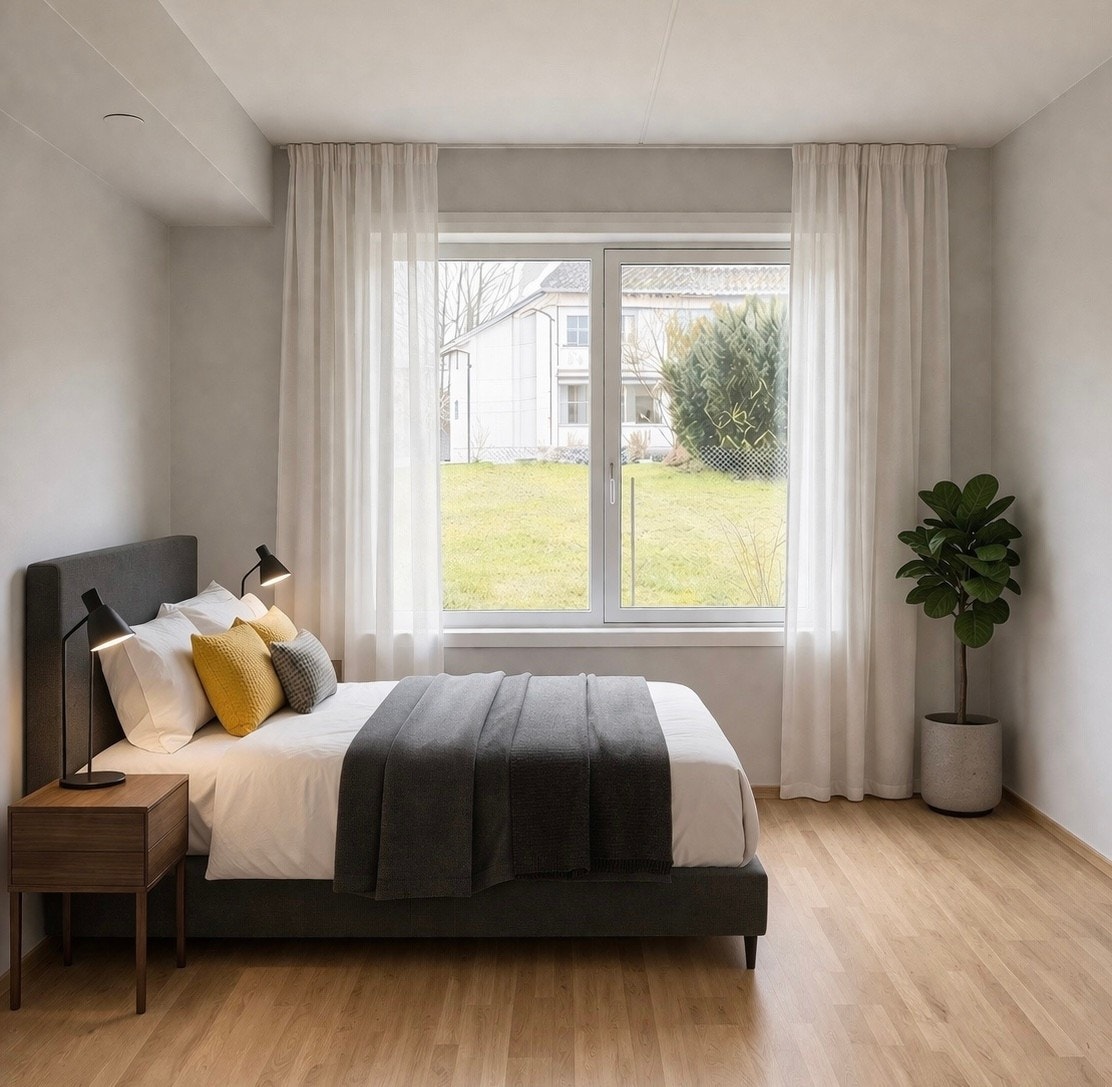 Soverommet på 10,5 m² har god plass til dobbeltseng og garderobeløsning. Vinduene har 3-lags glass for god isolasjon. Galleribilde