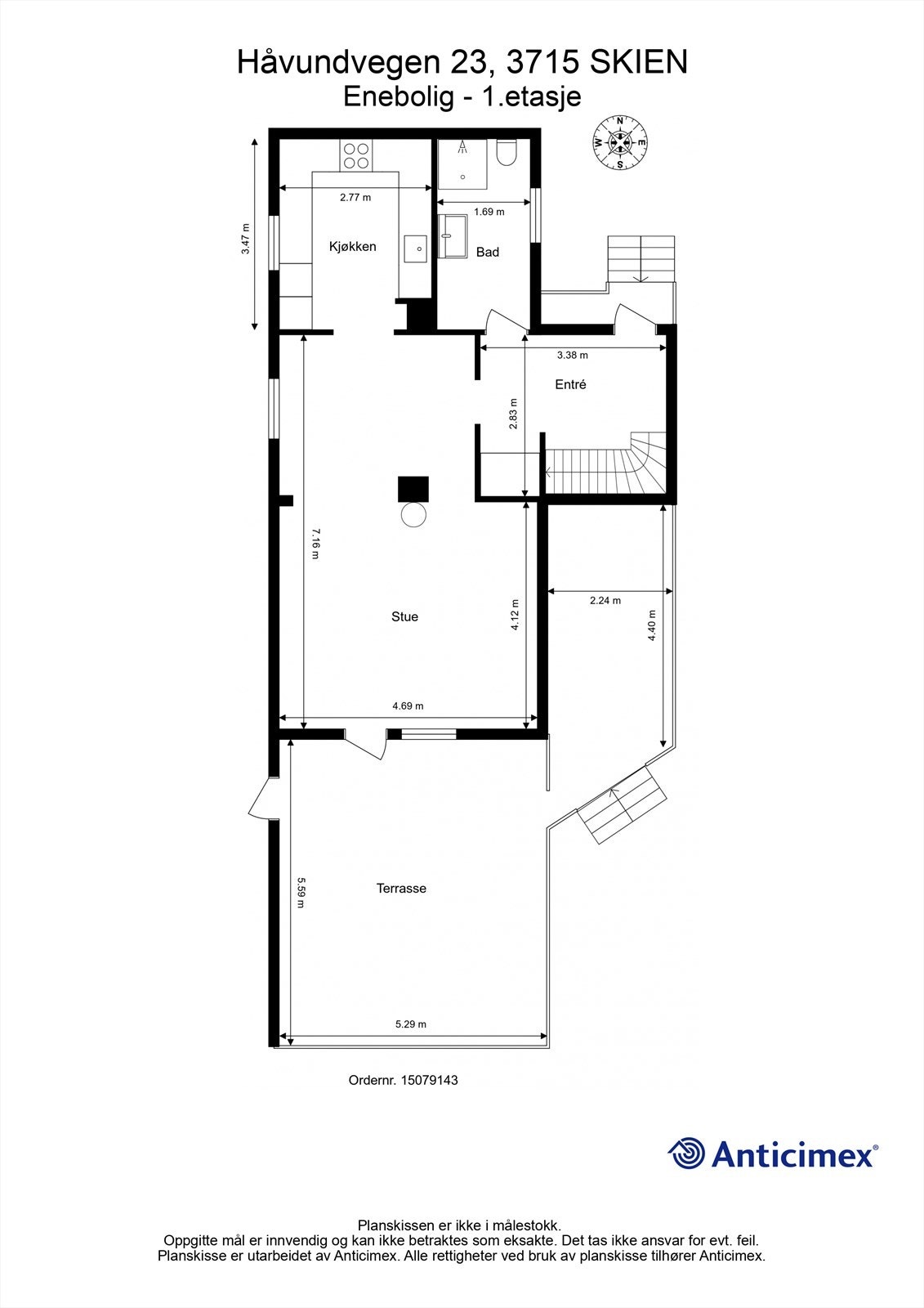 Plantegning 1.etasje. Det foreligger ikke godkjente byggetegninger på boligen. Benevnelsen av rom i er derfor basert på dagens bruk, og bruk til varig opphold er derfor ukjent. Kontakt megler for ytterligere informasjon. Galleribilde