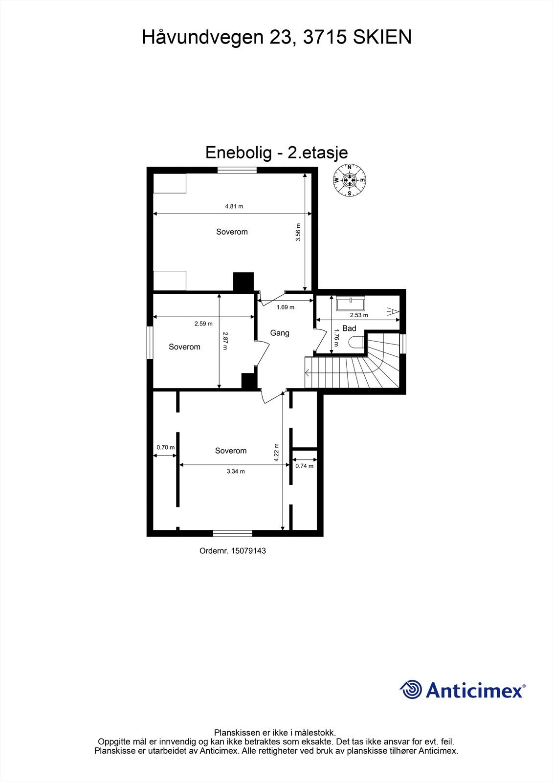 Plantegning 2. etasje. Det foreligger ikke godkjente byggetegninger på boligen. Benevnelsen av rom i er derfor basert på dagens bruk, og bruk til varig opphold er derfor ukjent. Kontakt megler for ytterligere informasjon. Galleribilde
