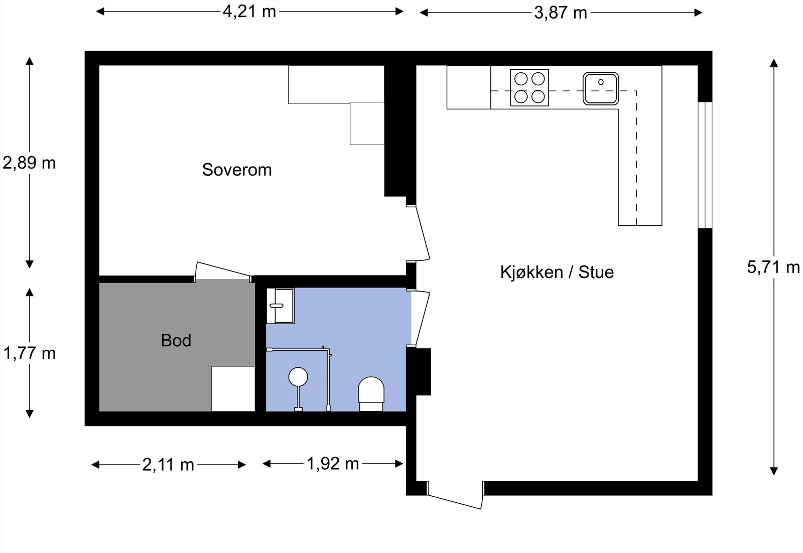 Leiligheten ligger i 4. etasje og har et gulvareal på 43m². Den inneholder stue/kjøkken, bad, soverom og bod, samt hems. I tillegg disponerer leiligheten en kjellerbod på 4,5 m². Galleribilde