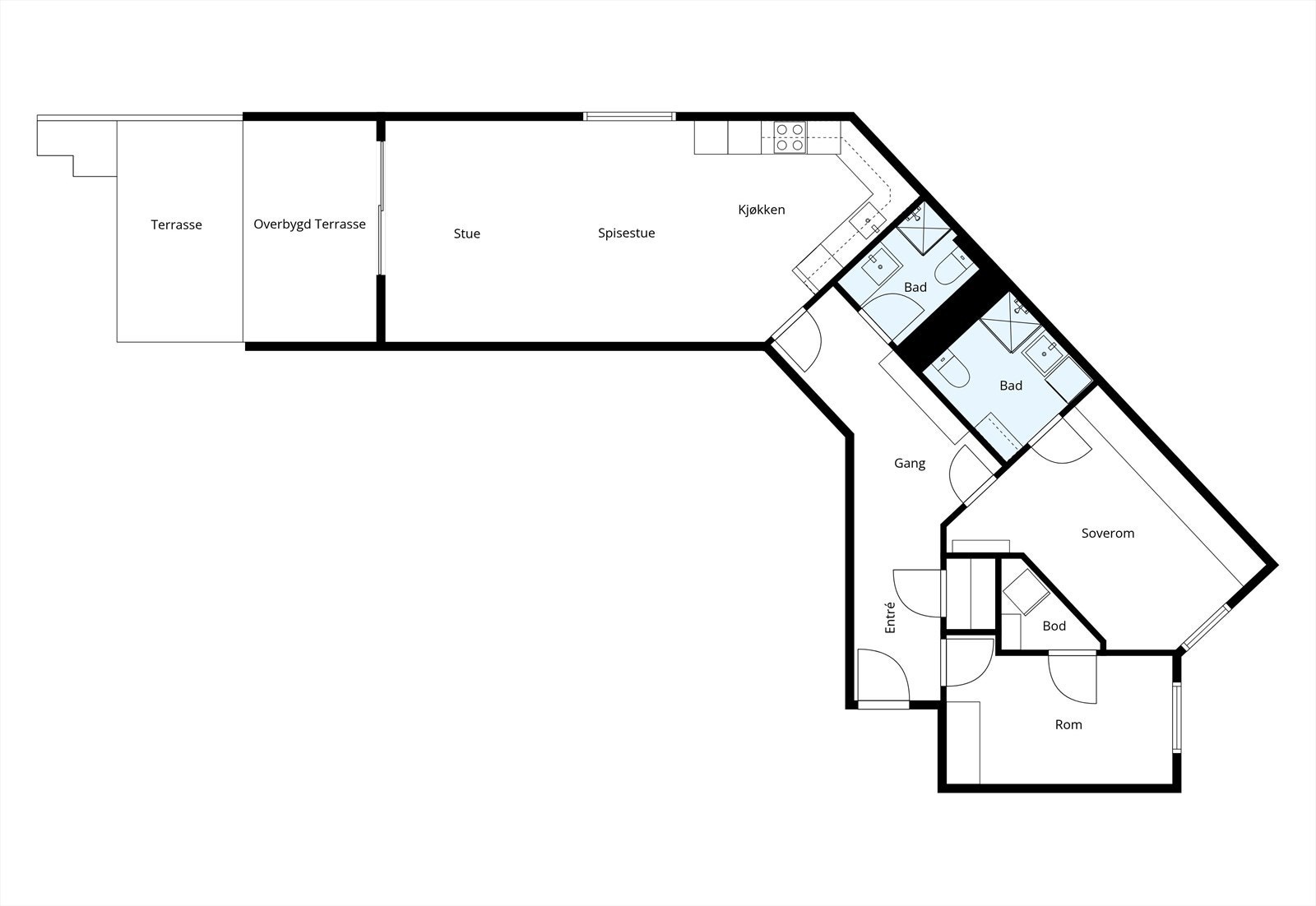 Leiligheten har en effektiv og gjennomtenkt planløsning, alt på ett plan. Her er to soverom, to bad og en sosial, åpen sone for stue og kjøkken. Gode lagringsmuligheter i innvendig bod, kott og to eksterne boder. Galleribilde