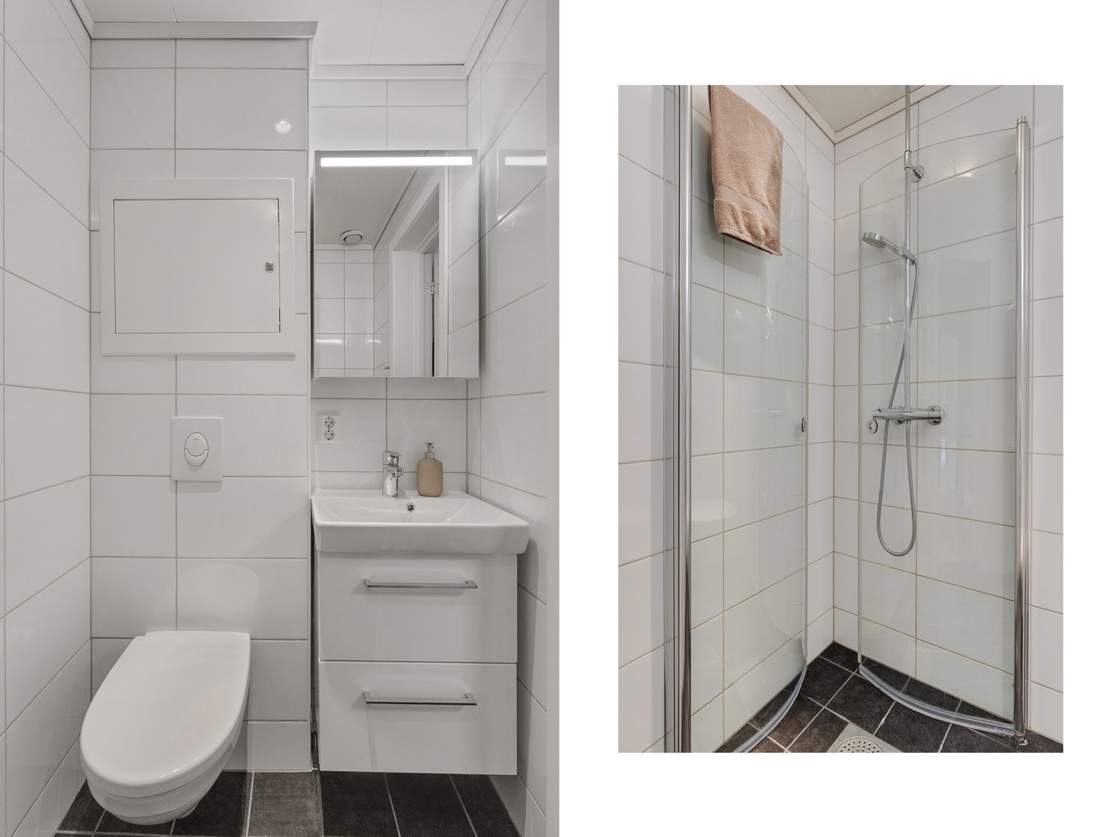 Badet er helfliset og er utstyrt med led downlights, foldedører i dusj, veggtoalett og baderomsinnredning med heldekkende servant samt belyst speil. Galleribilde