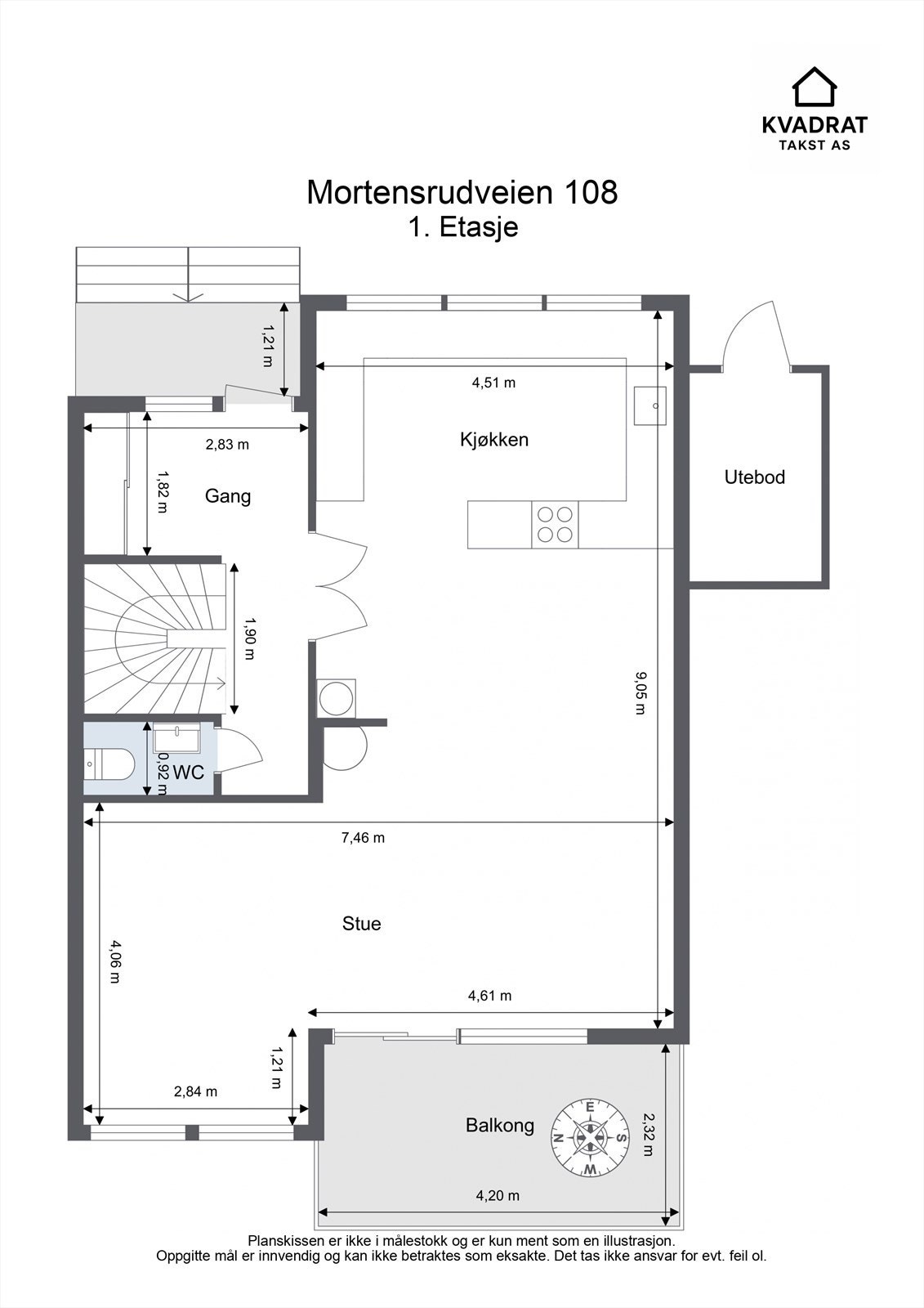 1. etasje inneholder entré/gang, toalettrom, kjøkken og stue med utgang til balkong. Galleribilde