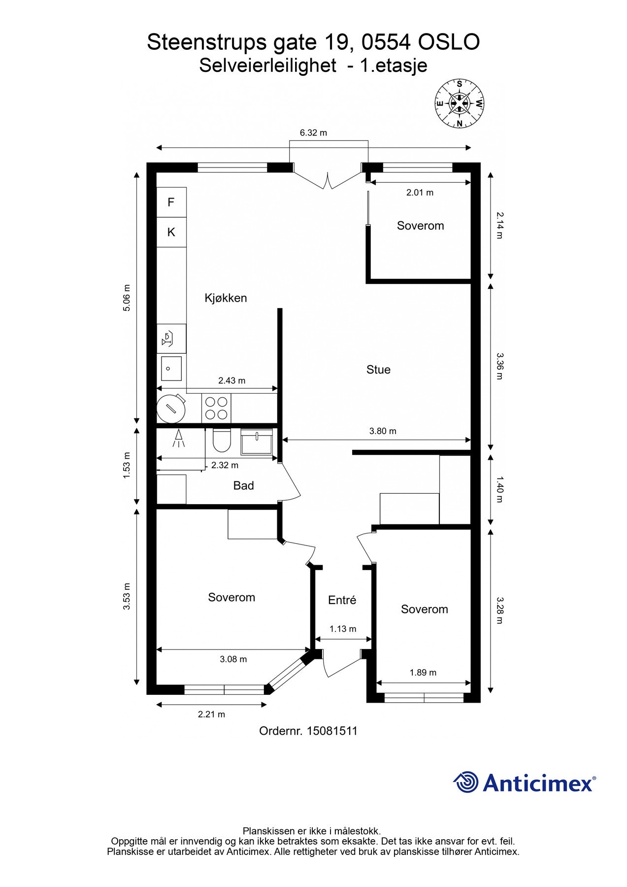 Plantegning. I tillegg disponerer leiligheten en kjellerbod på ca. 3m². Galleribilde
