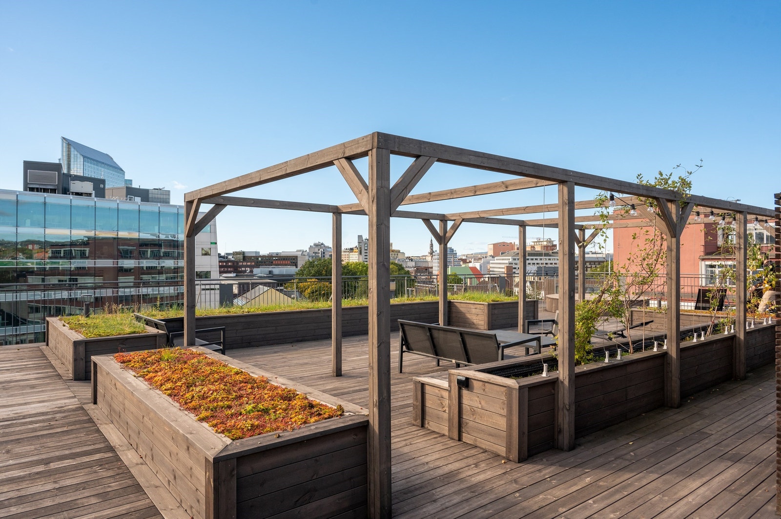 Takterrassen har parsellkasser, pergola og flere sittegrupper som kan benyttes av beboerne. Galleribilde