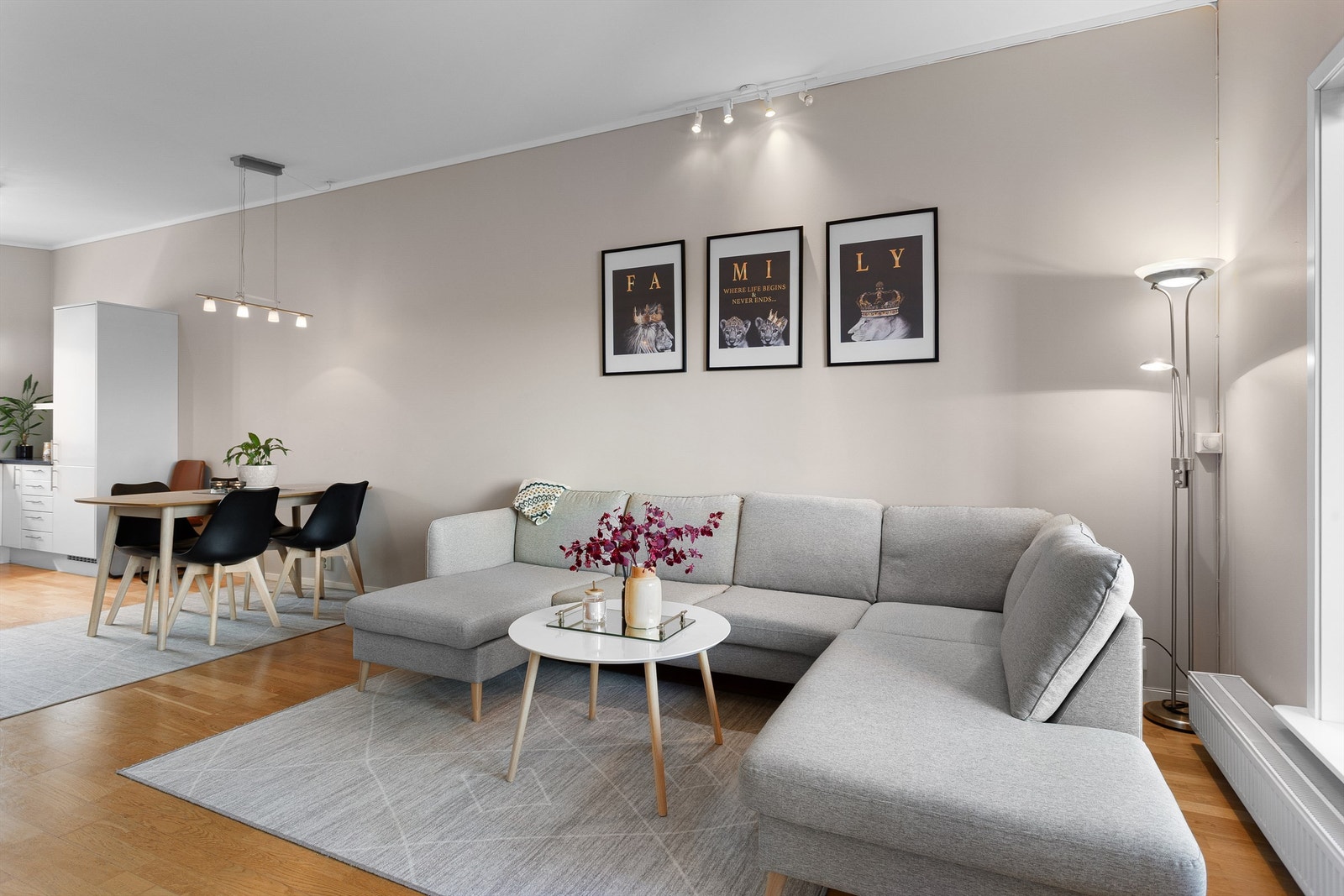 Den åpne løsningen gir en god romfølelse og fleksible møbleringsmuligheter for både sofagruppe og spisebord. Galleribilde