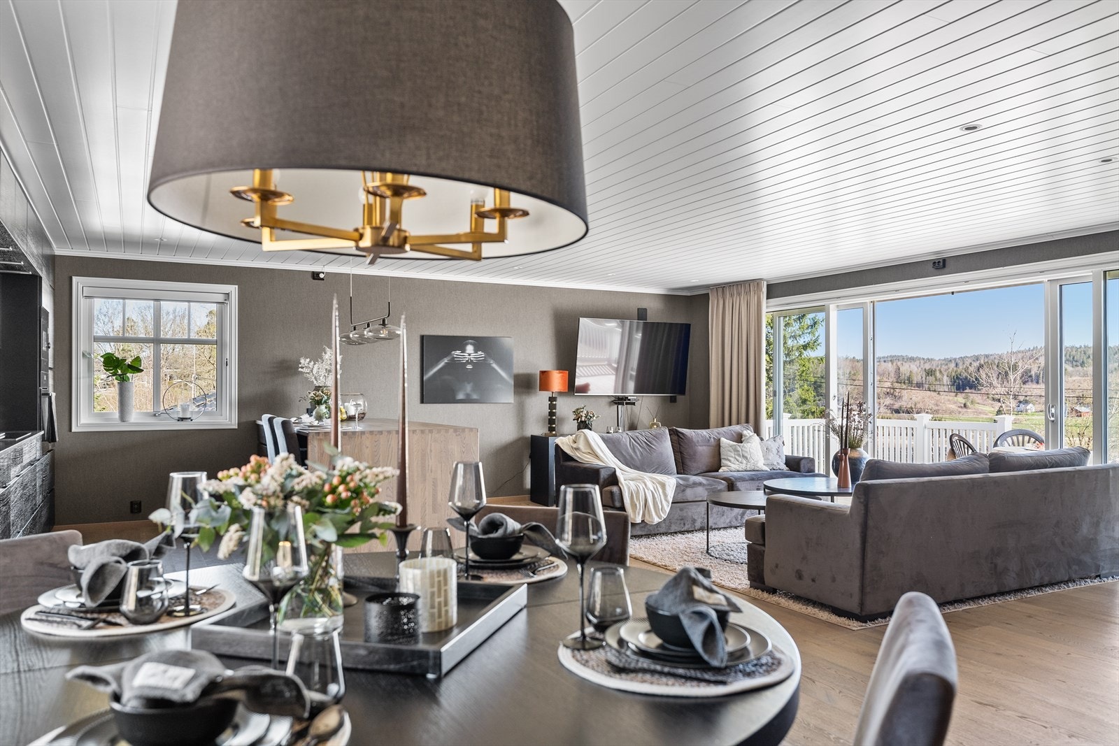 Her har du en naturlig plass til både sofagruppe, spisebord og TV med tilhørende møblement. Galleribilde