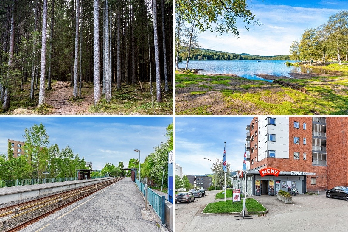 Naturskjønne omgivelser, men likevel nærhet til hverdagslige fasiliteter som dagligvarebutikk, buss og T-bane. Kun 1,3 km, eller ca. 10min gange til Holstein T-bane, Joker dagligvare, Meny Kringsjå og buss Majorstua/Kjelsås. Evo treningssenter 2min unna. Galleribilde