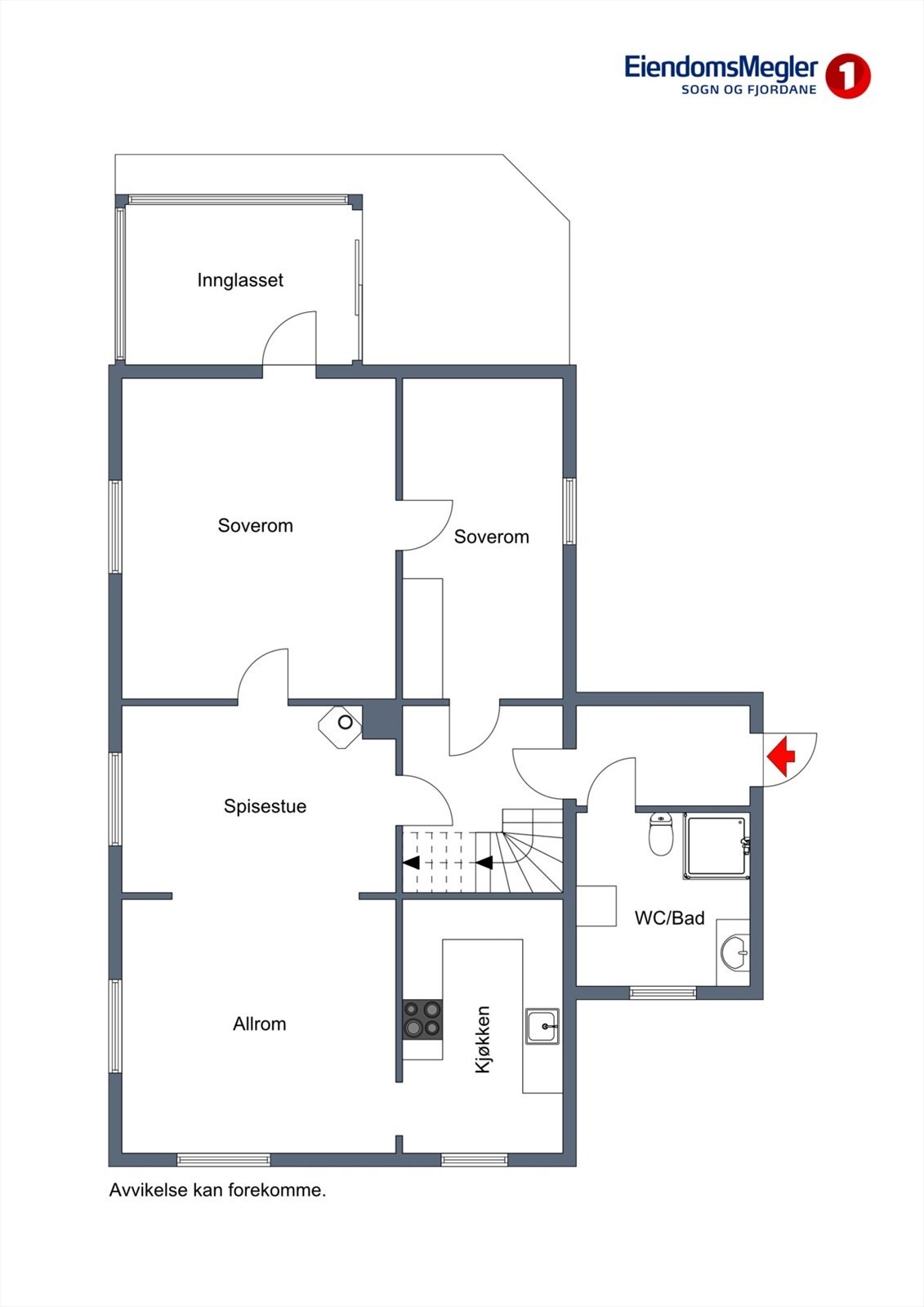 Første etasje har ein funksjonell plan med stove, kjøkken, to soverom og bad. Her er det også utgang til vinterhagen. Galleribilde