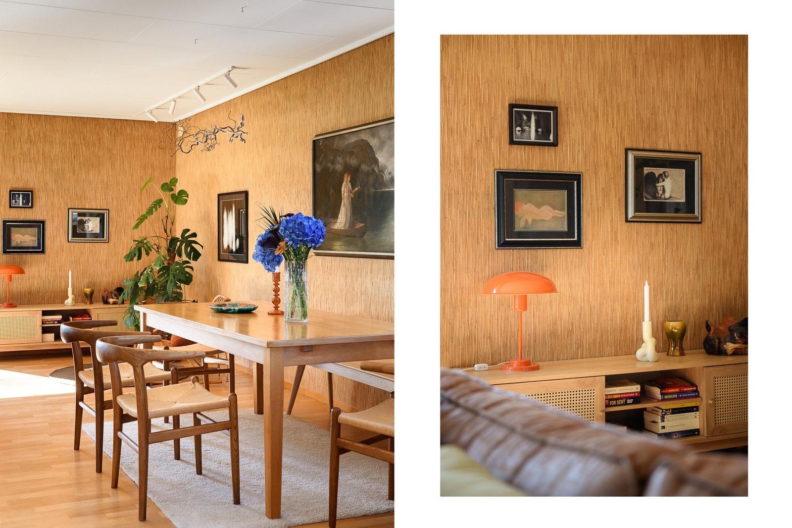 Spisestuen har god plass til langbord og er omkranset av original stråtapet fra 1966. Galleribilde