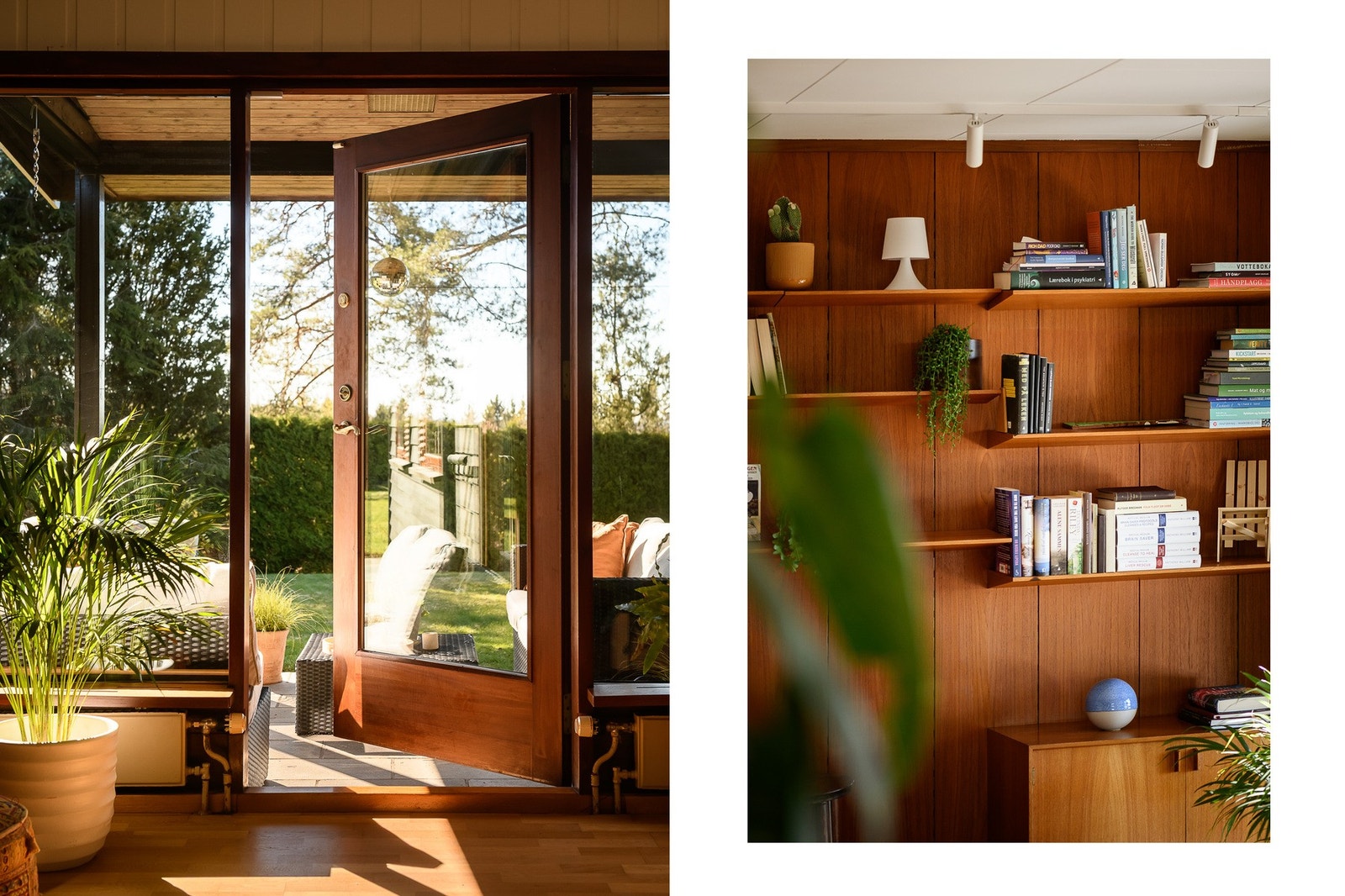 Terrassedøren i teak har, som de fleste vinduene, fått nytt 2-lags isolerglass i 2024. Galleribilde