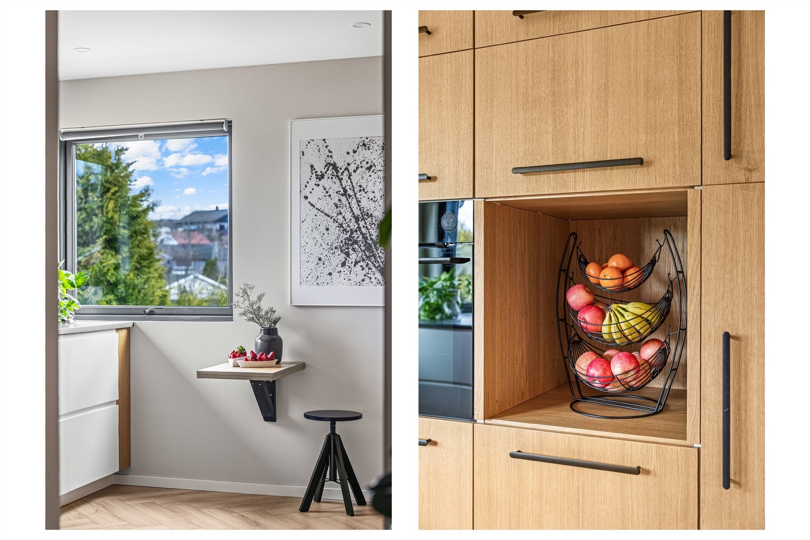 Gjennomtenkte løsninger på kjøkkenet, som en praktisk frokostplass og smarte oppbevaringsnisjer. Galleribilde