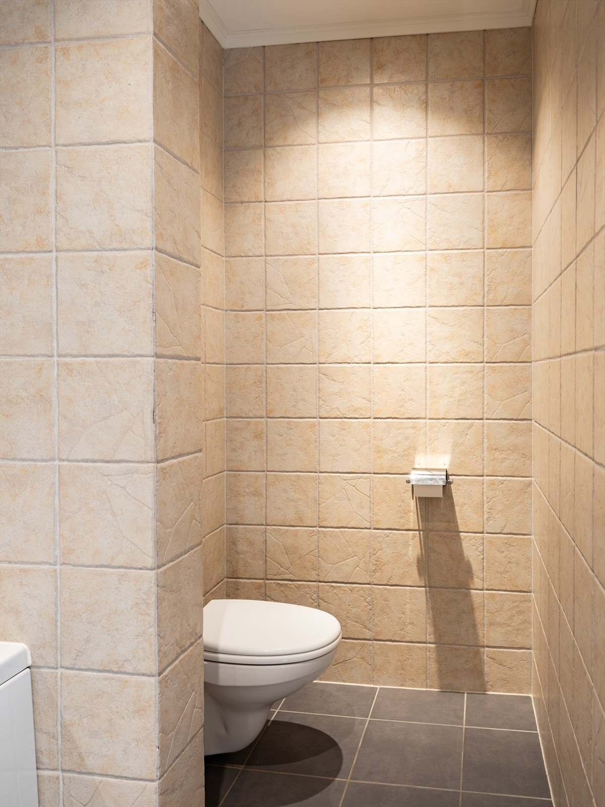 Badet er utstyrt med servant, servantskap, mekanisk avtrekk, veggmontert wc og badekar. Galleribilde