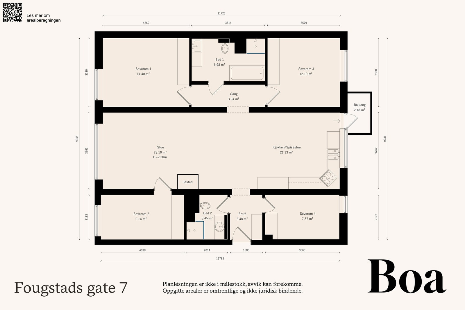 1.etasje: Entré, kjøkken med spisestue, stue, 4 soverom, bad/wc og dusj/wc. Annet: Balkong på ca. 2,2 m² med utgang fra kjøkken, bod i kjeller på ca. 5,75 m² og en bod på loft på ca. 2,65 m². Galleribilde