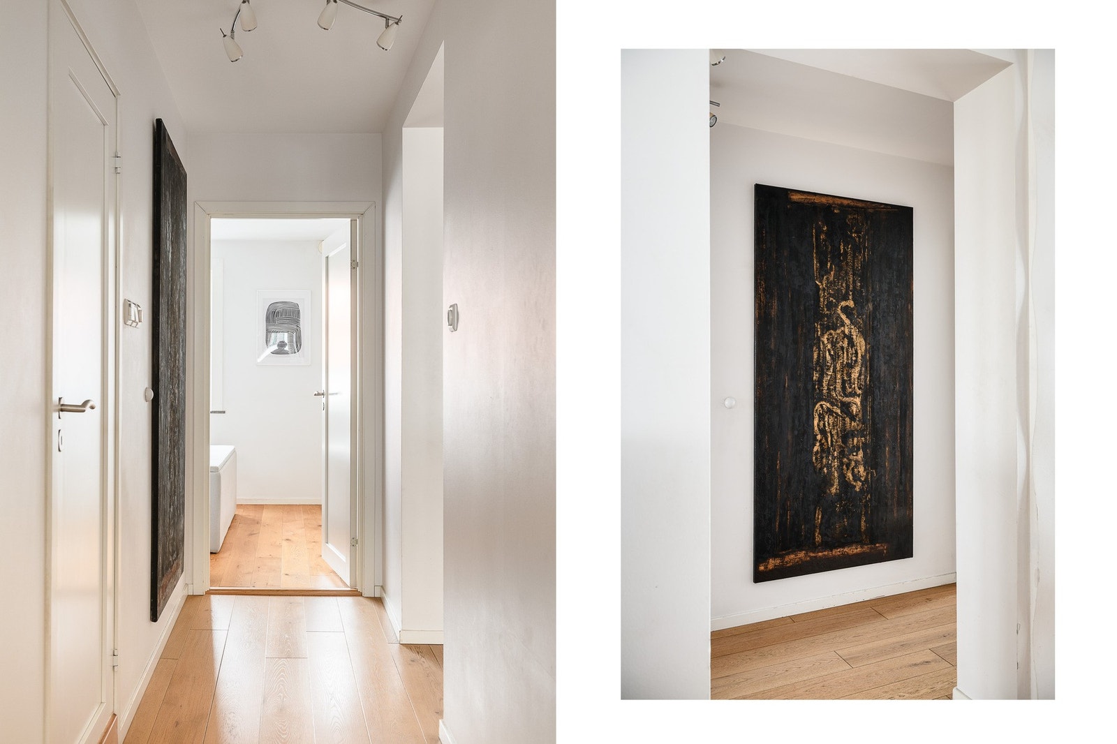 En mellomgang binder to av soverommene og hovedbadet sammen i en tilbaketrukket privat sone. I entréen er det flislagt gulv og plass til oppbevaring av yttertøy. Galleribilde