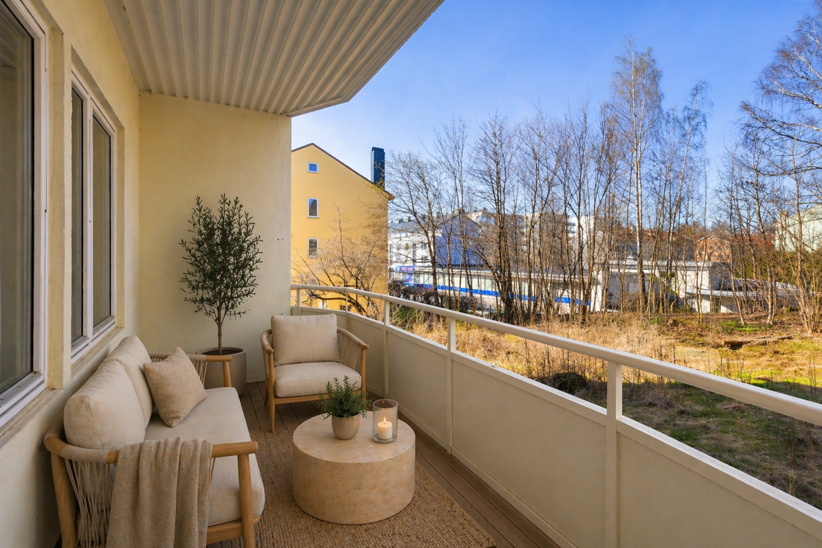 Bildet er AI-generert og illustrerer en mulig alternativ innredning og oppgradering av balkongen. Galleribilde