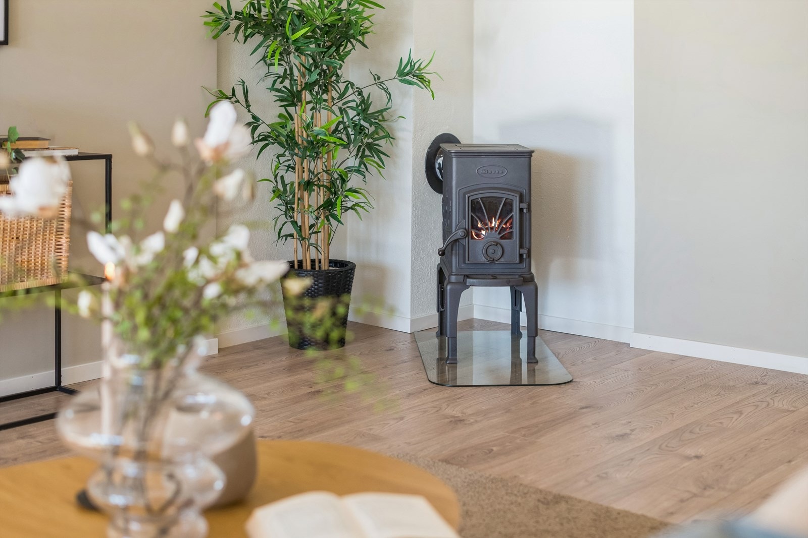 Vedovnen er installert i senere år, og gir både effektiv varme og en hyggelig stemning. Galleribilde