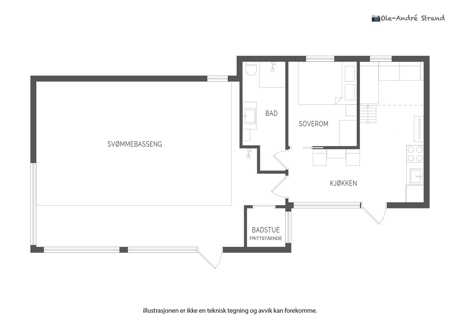 Anneks og bassenrom har et samlet areal på 77 m², av dette utgjør bassengrommet 46 m² Galleribilde