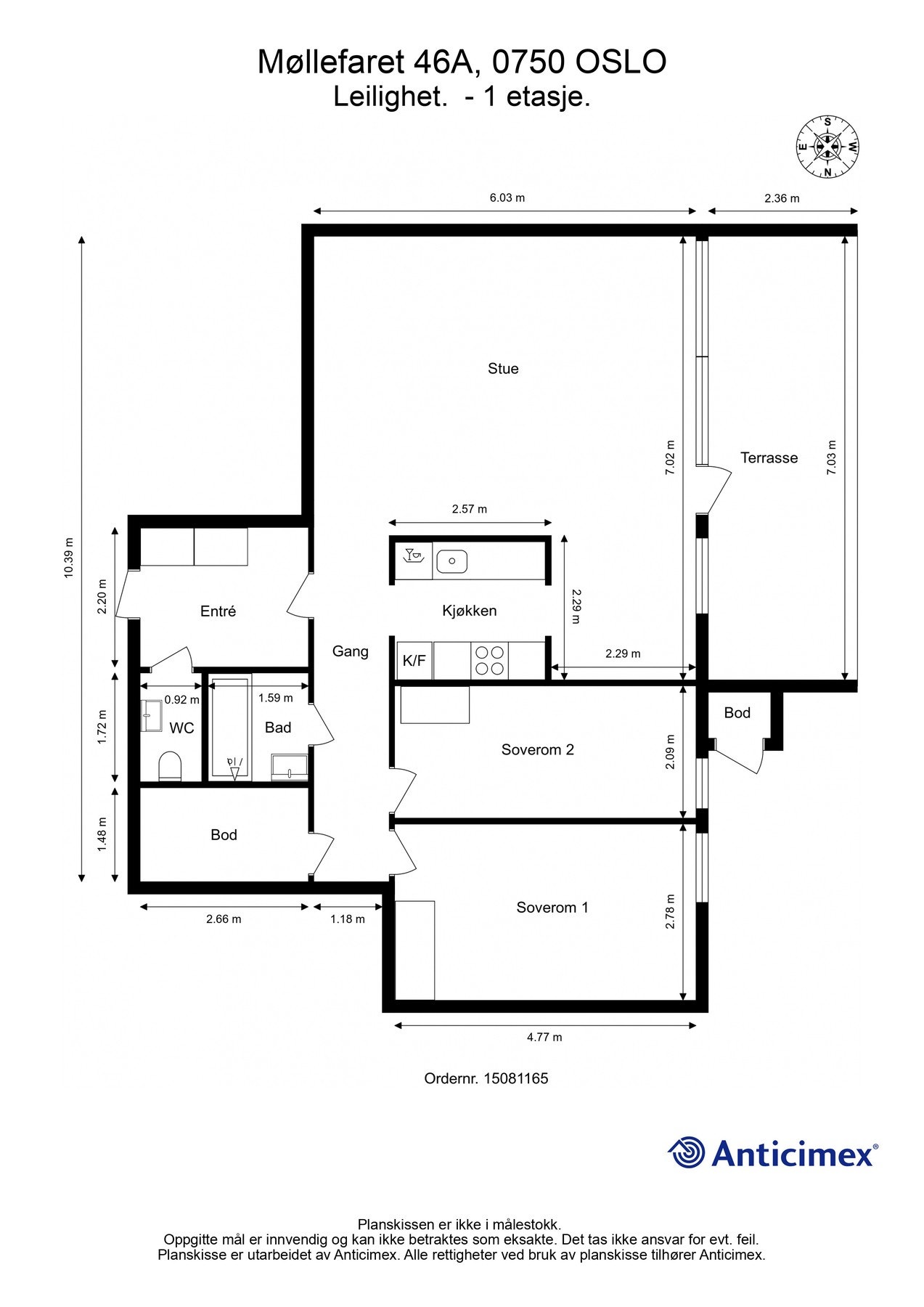 Plantegning 1.etasje. BRA-i 87 kvm: Entré, stue, kjøkken, 2 soverom, bad, wc og bod. Galleribilde