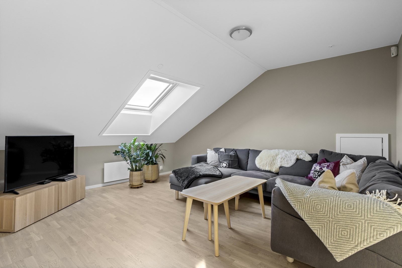 Loftstue med god plass til sofa og tv for film-og spillkvelder. Et fint areal for de yngste i familien. Galleribilde