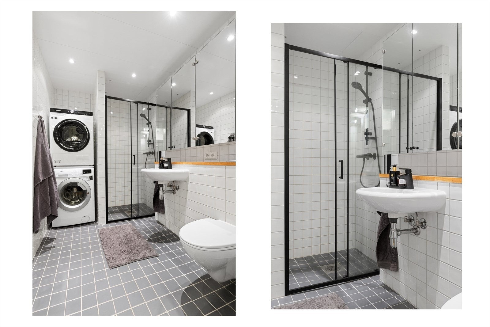 Badet er utstyrt med dusjnisje med glassdører på skinne, veggmontert toalett, vegghengt servant med ettgreps armatur fra Oras og speilskap på vegg. Selger opplyser at det er byttet dusj og blandebatteri (servant) i 2026. Galleribilde